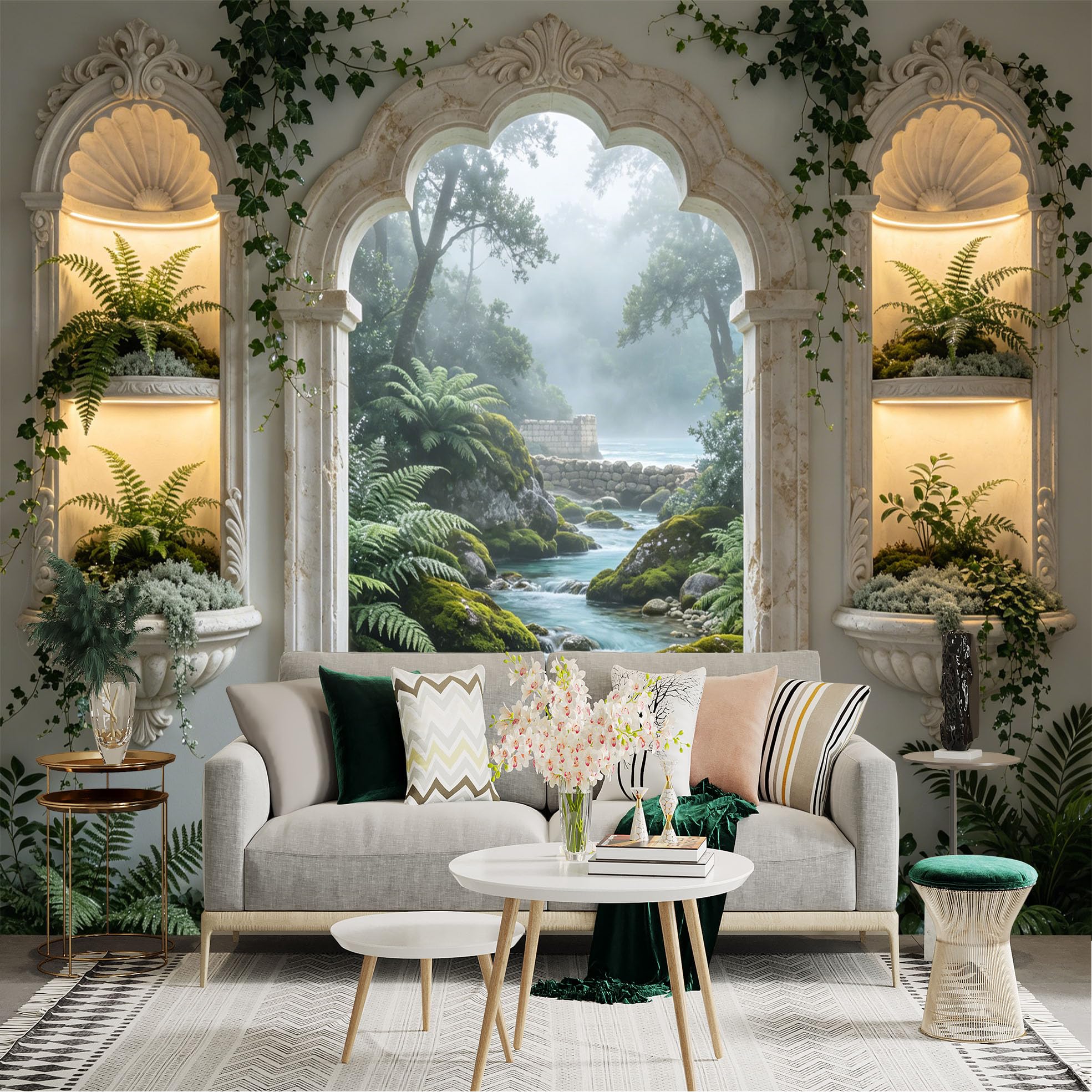 Lnzczhyre Dbh260521461 Custom Size Wall Sticker Mural， Scenic Stone Window View， Misty River With Lush Mossy Rocks， Enchanting Forest Landscape， For Wall Decoration， Peelandstick Wall Decals.