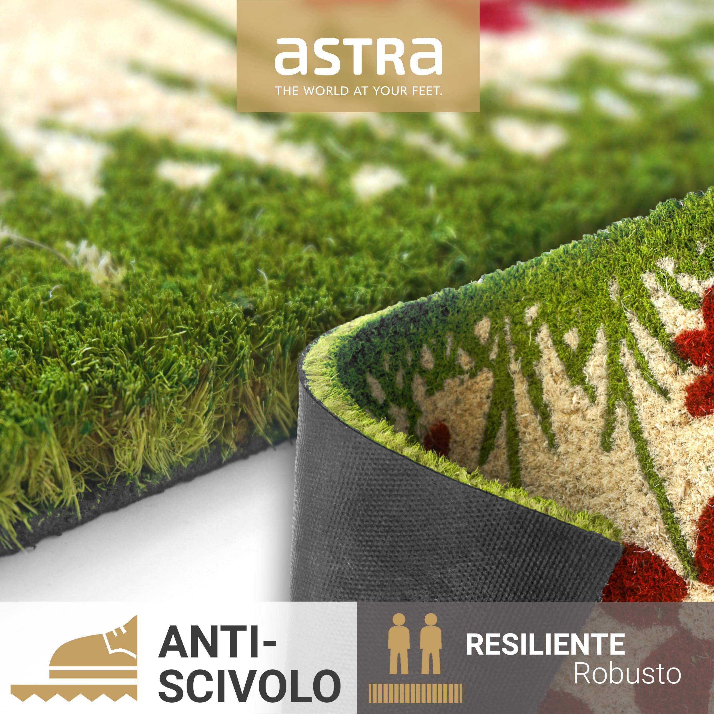 Astra Zerbino per interni Fiori naturali 25 x 75 cm - Tappetino stretto in cocco antiscivolo per interni ed esterni coperti - Zerbino per scarpe 100% cocco