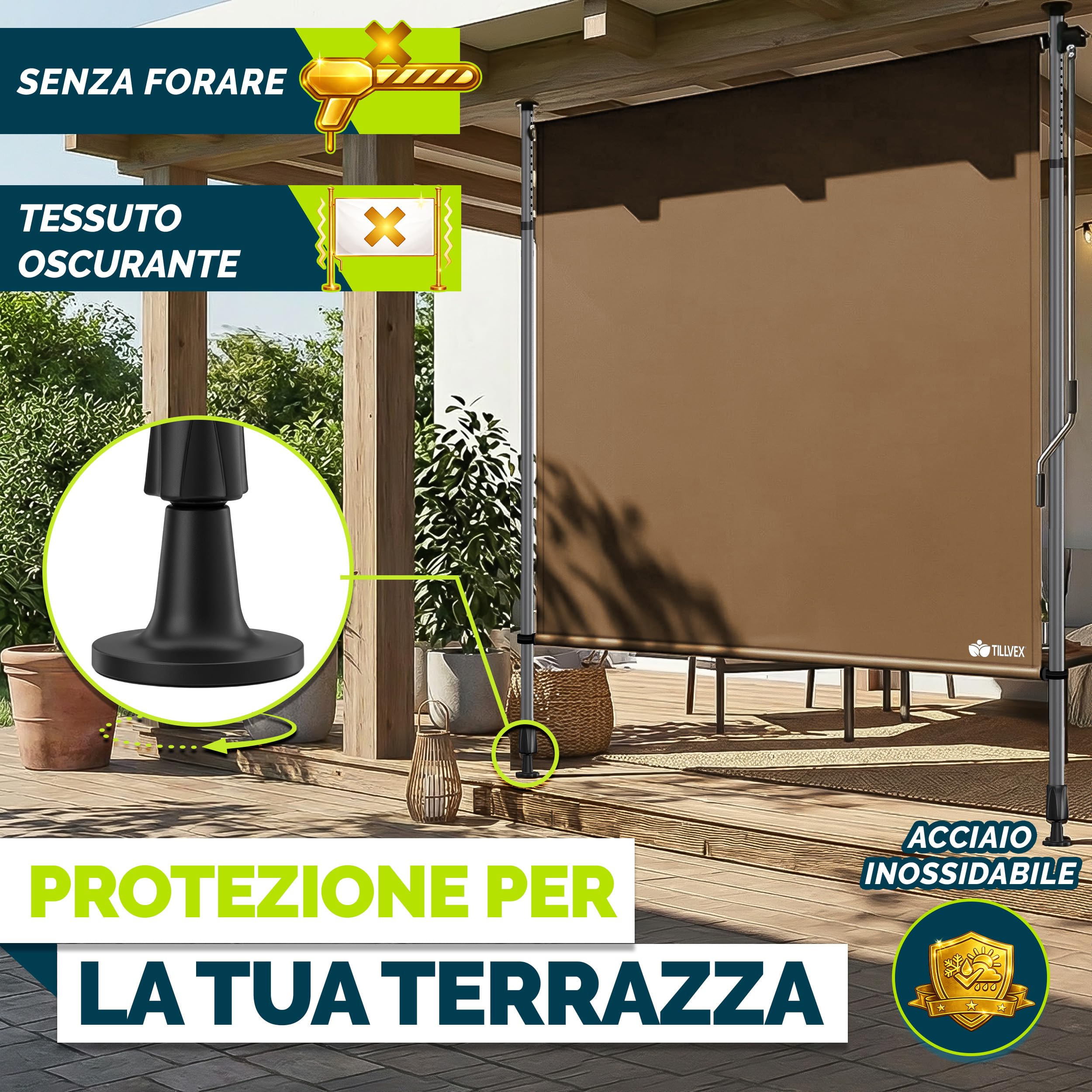 Tillvex Tenda da sole verticale per esterni 200 x 310 cm Taupe con manovella frangivista estraibile opaca balcone terrazza resistente intemperie