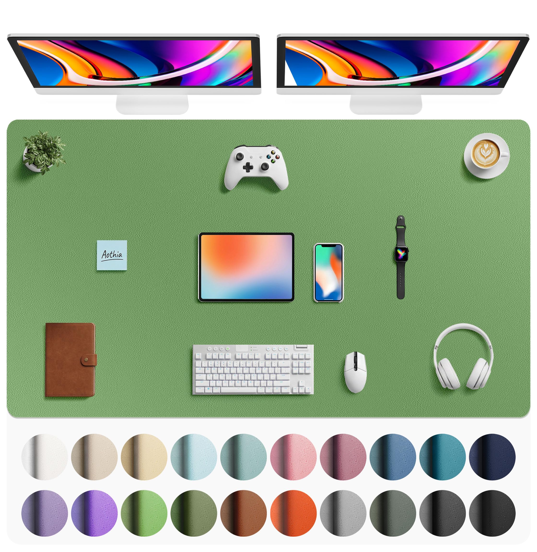 Aothia Olive Green Faux Leather Desk Mat - Large 63" x 24" | Waterproof & Non-Slip Writing Surface - main product image