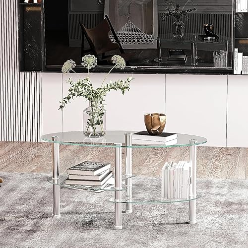 Miniatura 18 de Mesa de centro de cristal, mesa de centro de vidrio de 2 niveles, mesa moderna de vidrio templado para el hogar y la sala de estar (negro) Negro