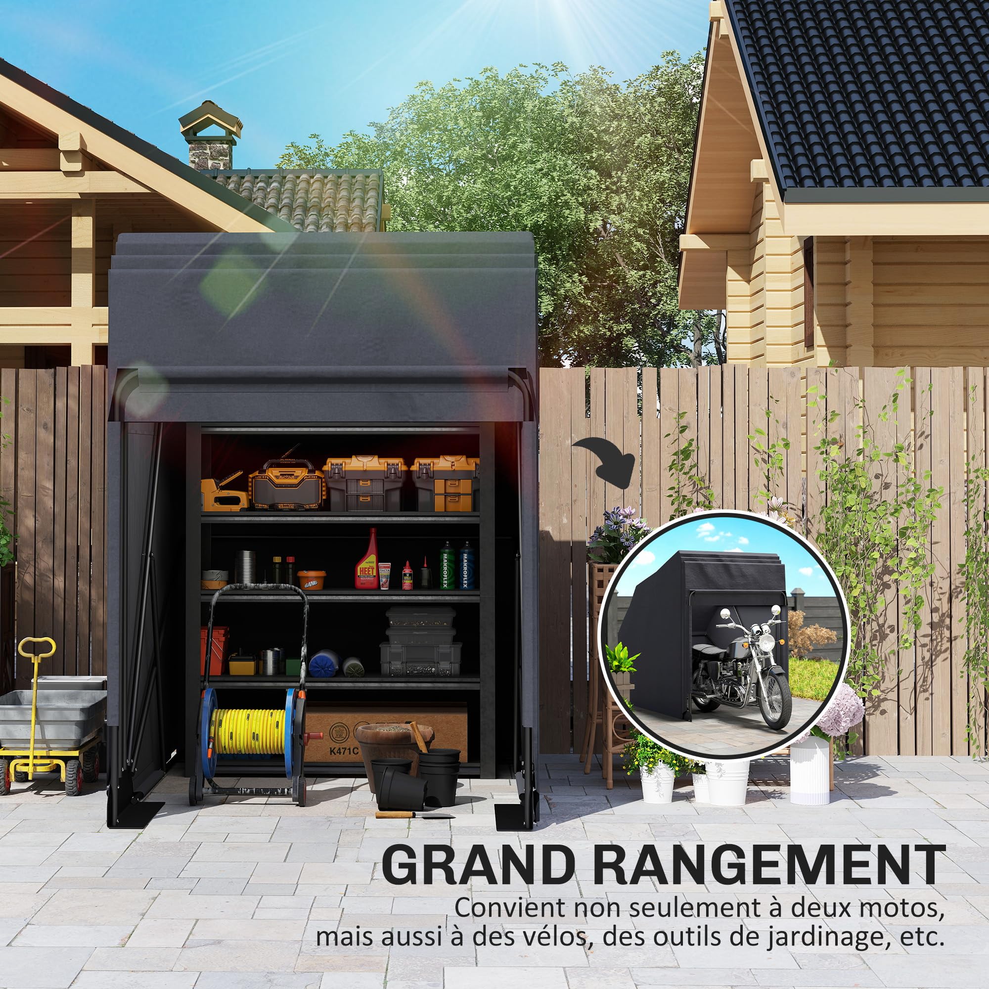 Outsunny Abri de Moto extérieur Tente à Moto Pliable de 345 x 135 x 191 cm avec Housse de Protection en Tissu Oxford, imperméable Anti-UV, 2 fenêtres enroulables, Rangement Garage extérieur, Noir