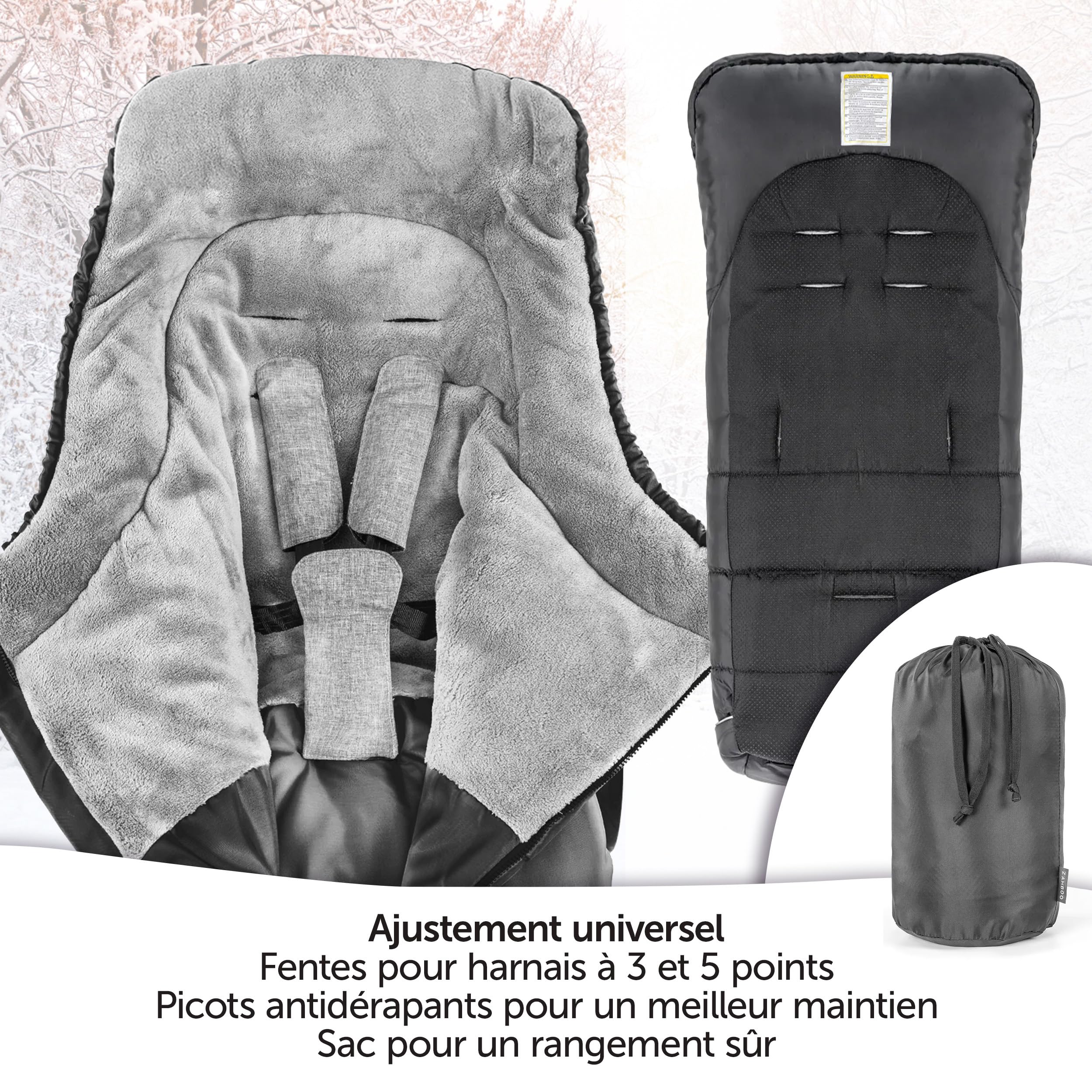 Zamboo Chanceliere Universelle Hiver pour Poussette et Landau – Nid d'ange Bebe en Polaire Thermique, Sac de Rangement, Antidérapant et Bandes Réfléchissantes – Noir