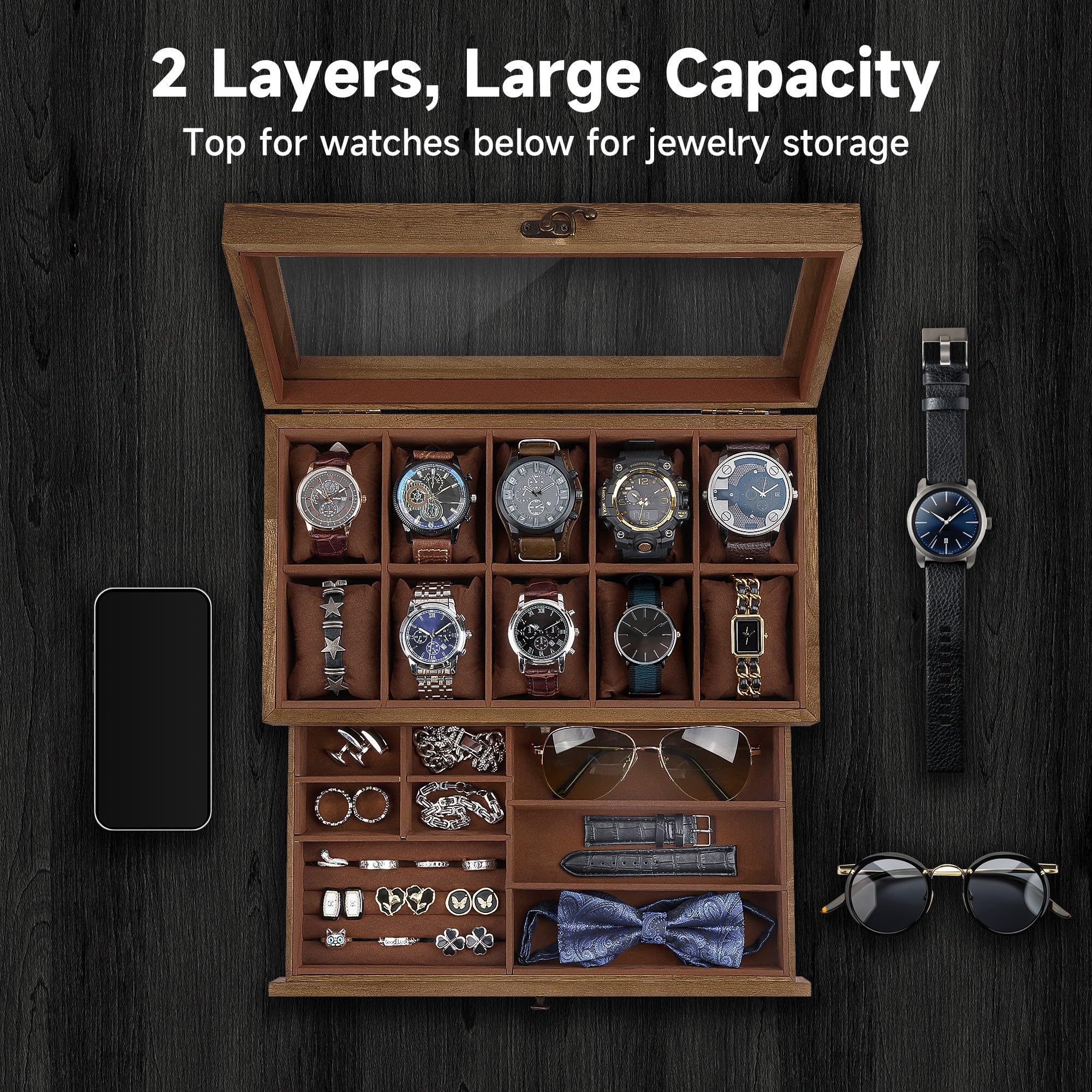 Caja de reloj con 10 ranuras, caja de reloj de 2 niveles para relojes de esfera grande, vitrina de reloj con tapa, almohadas de reloj extraíbles, regalos para hombres y mujeres, organizador