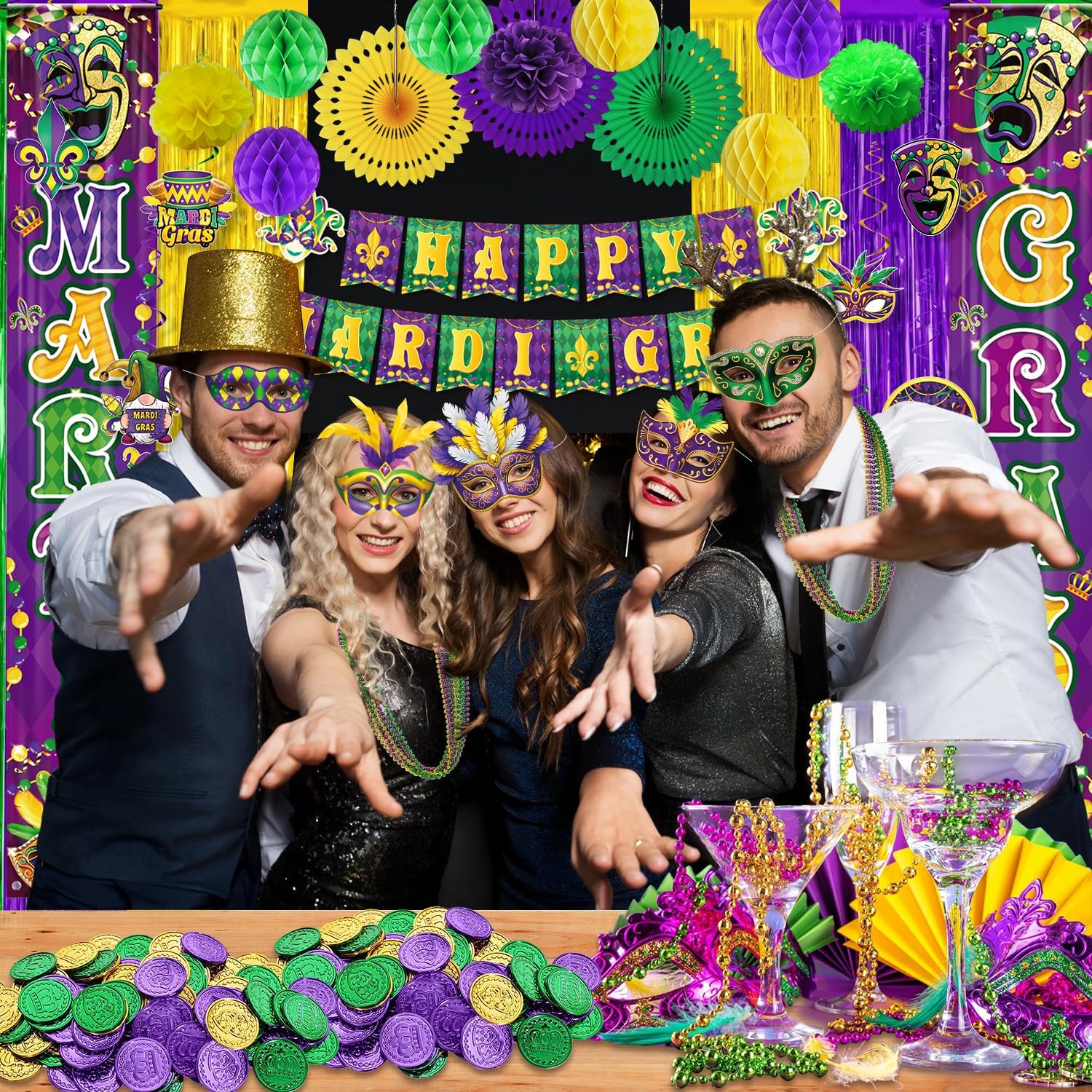 72pcs Mardi Gras Party Decorations Supplies Sets, Purple Green and Gold Party Decorations for New Orleans Mardi Gras, Fat Tuesday Decorations