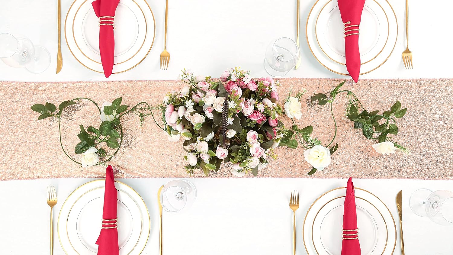 QueenDream Rose Gold Sequin Table Runners 12 x 72 inch Rose Gold Bridal Shower Bachelorette Party Decorations 2 Pack