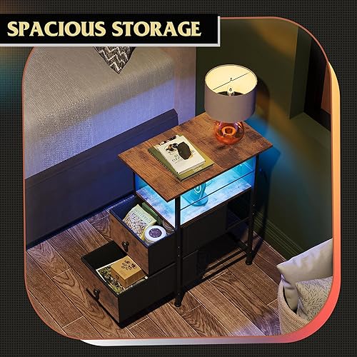 Miniatura 6 de WLIVE Mesa auxiliar estrecha con estación de carga, mesa auxiliar con luces LED, 2 cajones de tela y estante abierto, mesas auxiliares de cama para