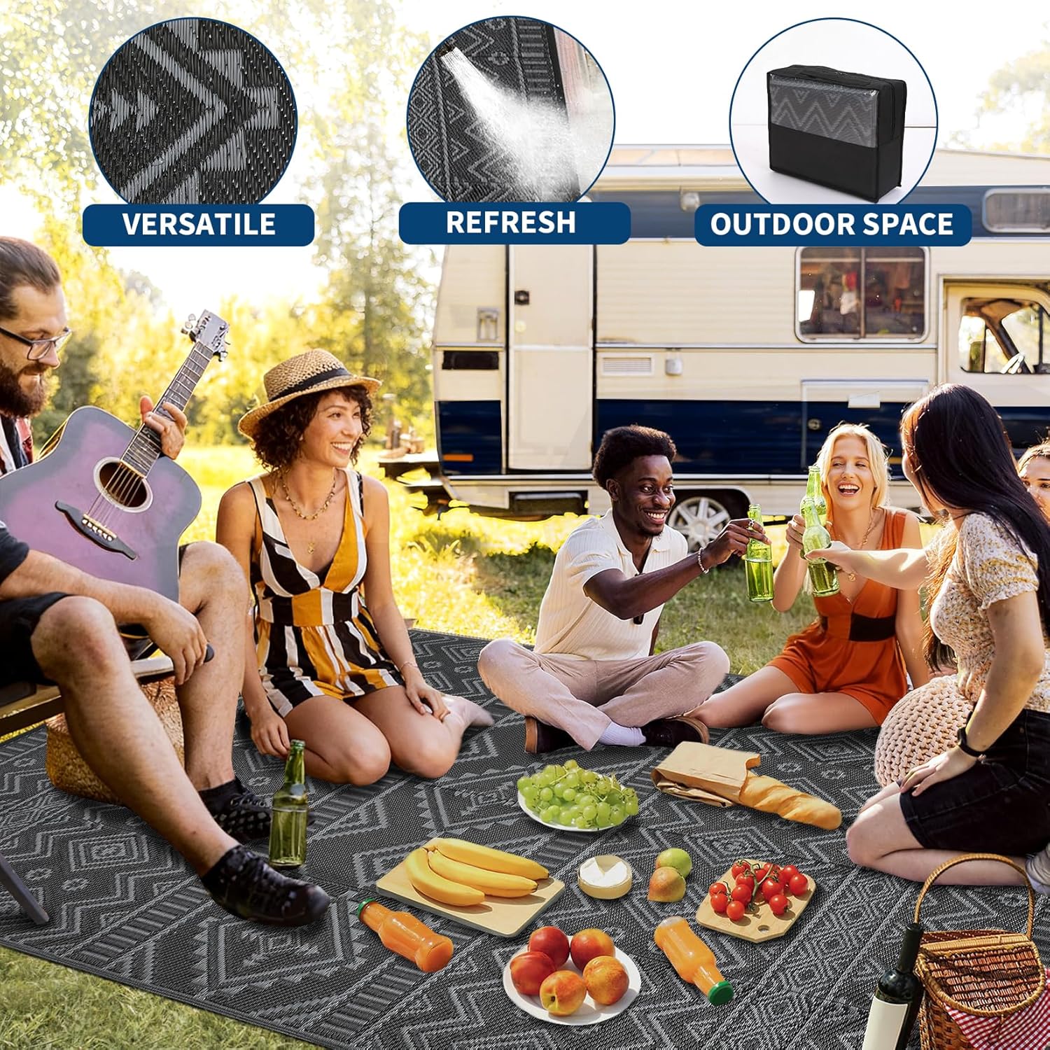 Boho 9x18 Waterproof Outdoor Rug, Reversible Plastic Straw Mat, Tribal Geometric Washable RV Camping Carpet, Foldable UV Resistant Deck Rug for Picnic Backyard Balcony Porch Patio, Gray