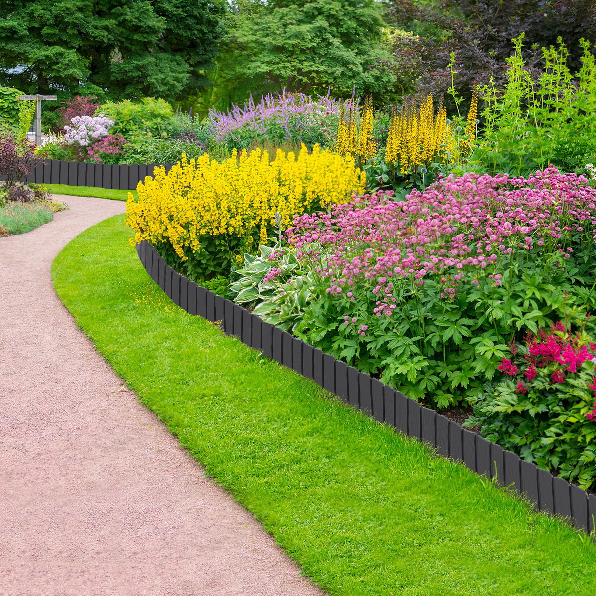 4.8m Rasenkante Kunststoff Beetumrandung mit Holzoptik & 10 cm Erdspießen - Mähkante für Garten, Beeteinfassung Anthrazit, Palisade im Holzdesign Anthrazit
