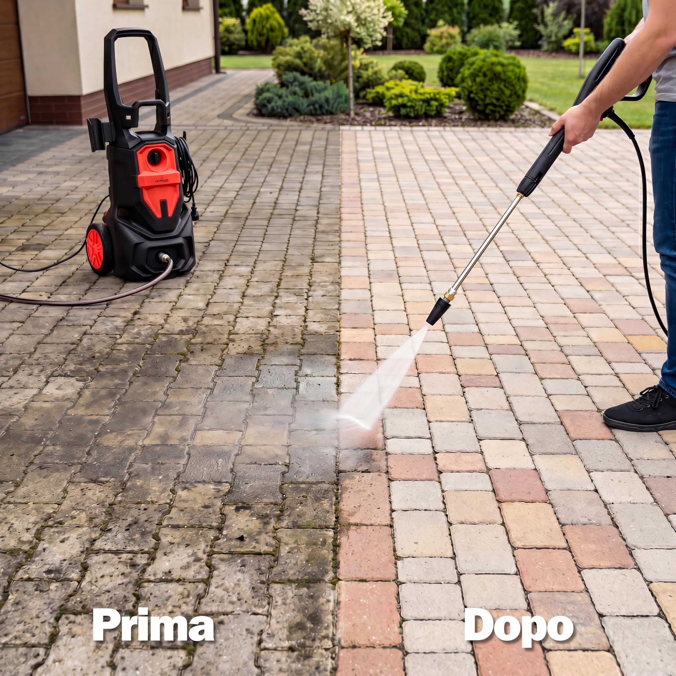 LEHMANN Idropulitrice Phoenix, 3000 W, max. 260 bar, Portata 480 l/h, Raggio d'azione 17 m, Motore a induzione, Lancia schiuma & 5 Ugelli intercambiabili, per Auto ed Esterni di Casa, Nero/Rosso