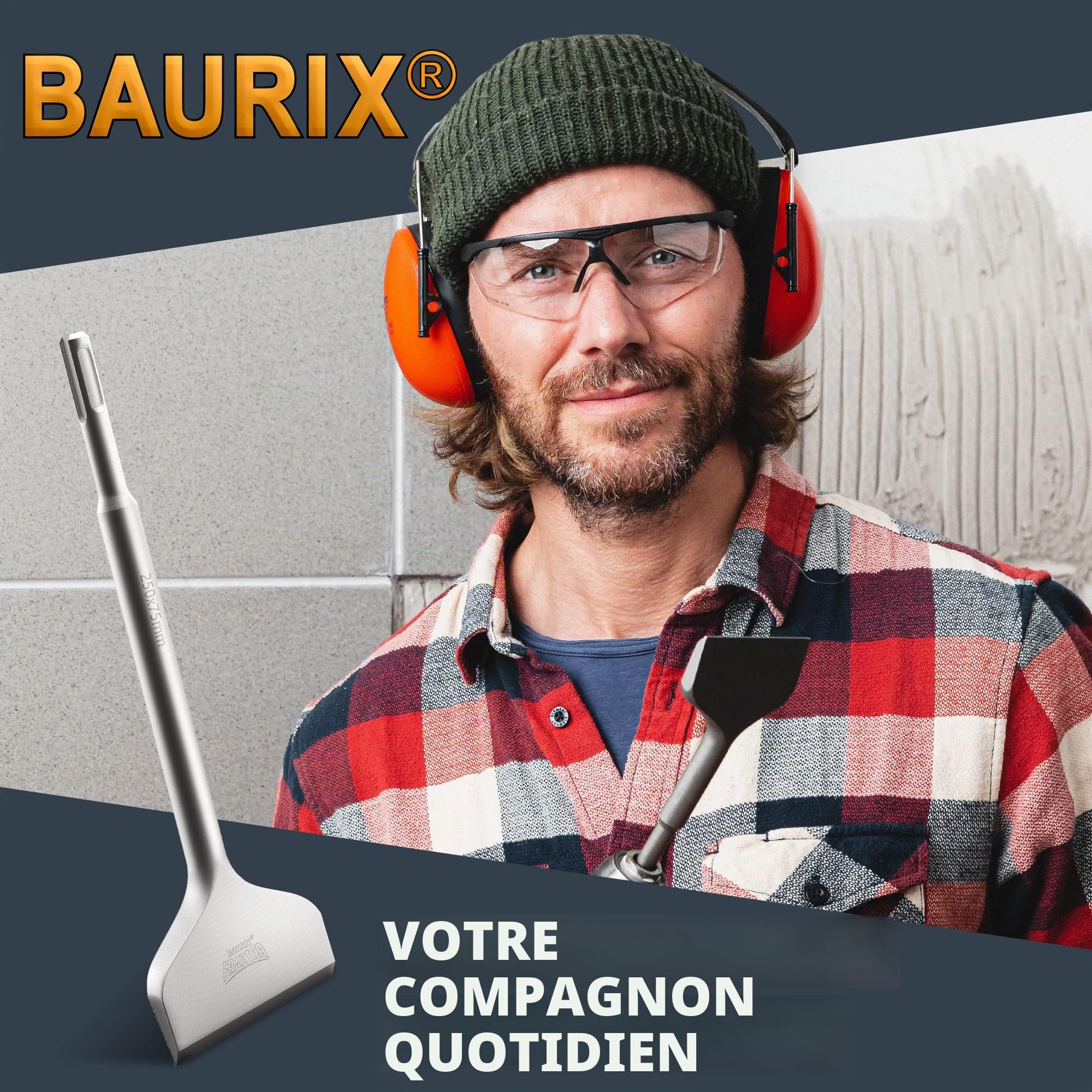 BAURIX® Burin carrelage SDS Plus [250 x 75 mm] - Système FRAKTOR® - Burin carrelage pour enlever sans effort les carreaux et les colles à carreaux - Burins SDS Plus en acier spécial 42CrMo