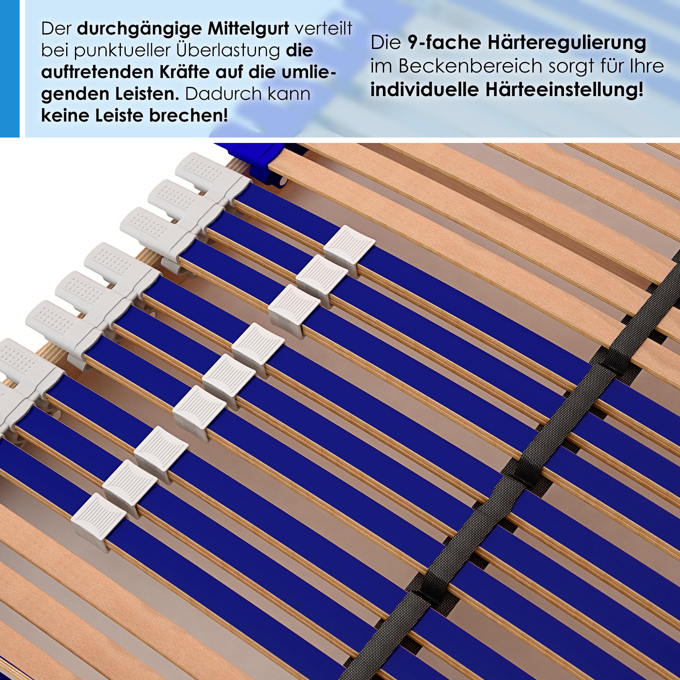stabiler Lattenrost 100% BUCHE - Kopf- und Fußteil verstellbar - SCHULTERFRÄSUNG, 7 Zonen, 44 Federleisten, Härte-Regulierung, Mittelgurt - COMFORT 44® Vario - 100% fertig montiert (90x200cm)