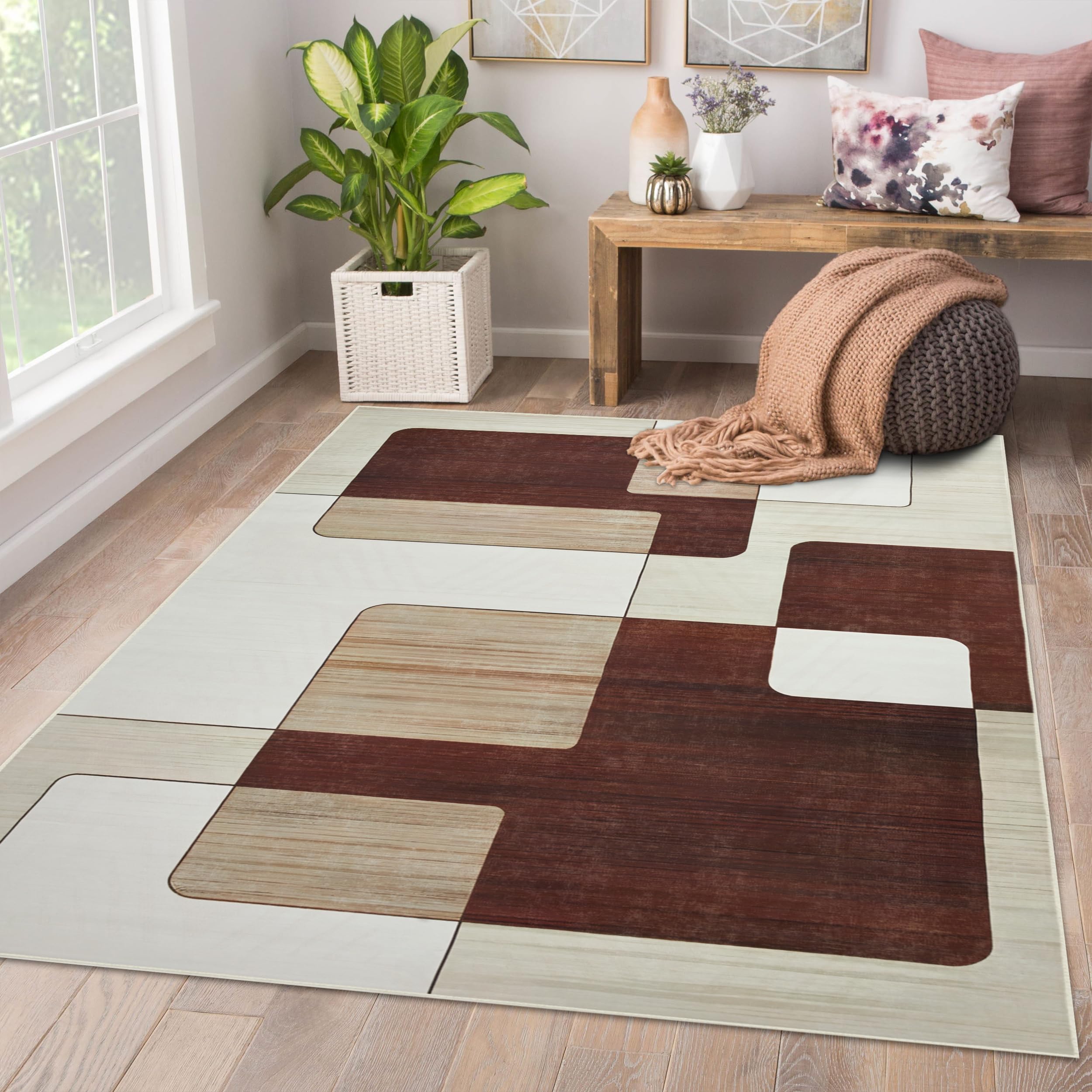 AMEHA Area Rugs Living Room Large 160x230 Cm - Brown and Beige Rugs for Bedroom Geometric Pattern Modern Carpet Super Soft Non Shedding Large Rug Easy to Clean (Viva) โ image 1