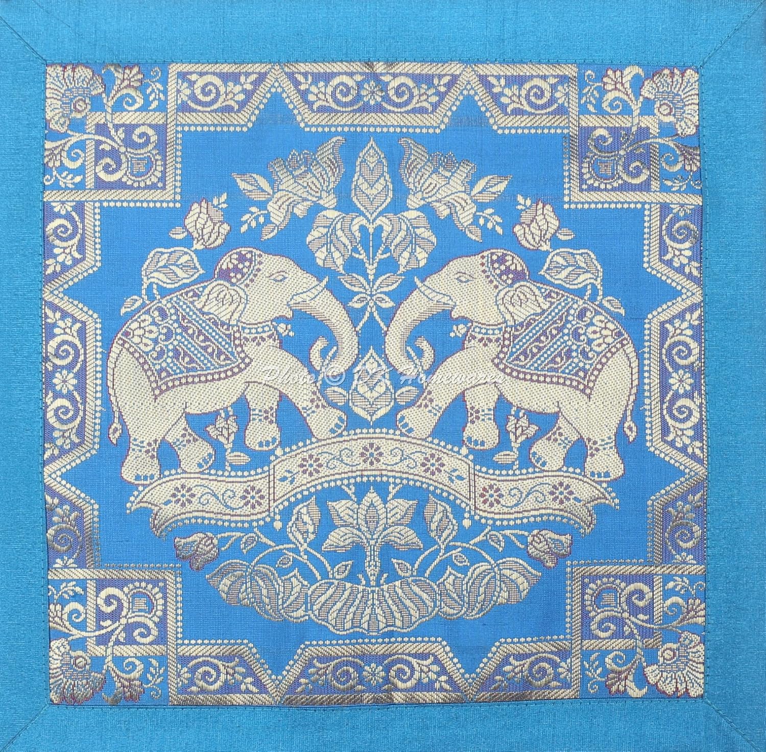 Ethnic Throw Pillowcases 12 x 12 Inch Brocade Jacquard Weave Decorative Square Elephant Cushion Covers (Size - 30x30 cm ; Color: Turquoise & Gold) - Set of 5 Pcs (Cover Only)