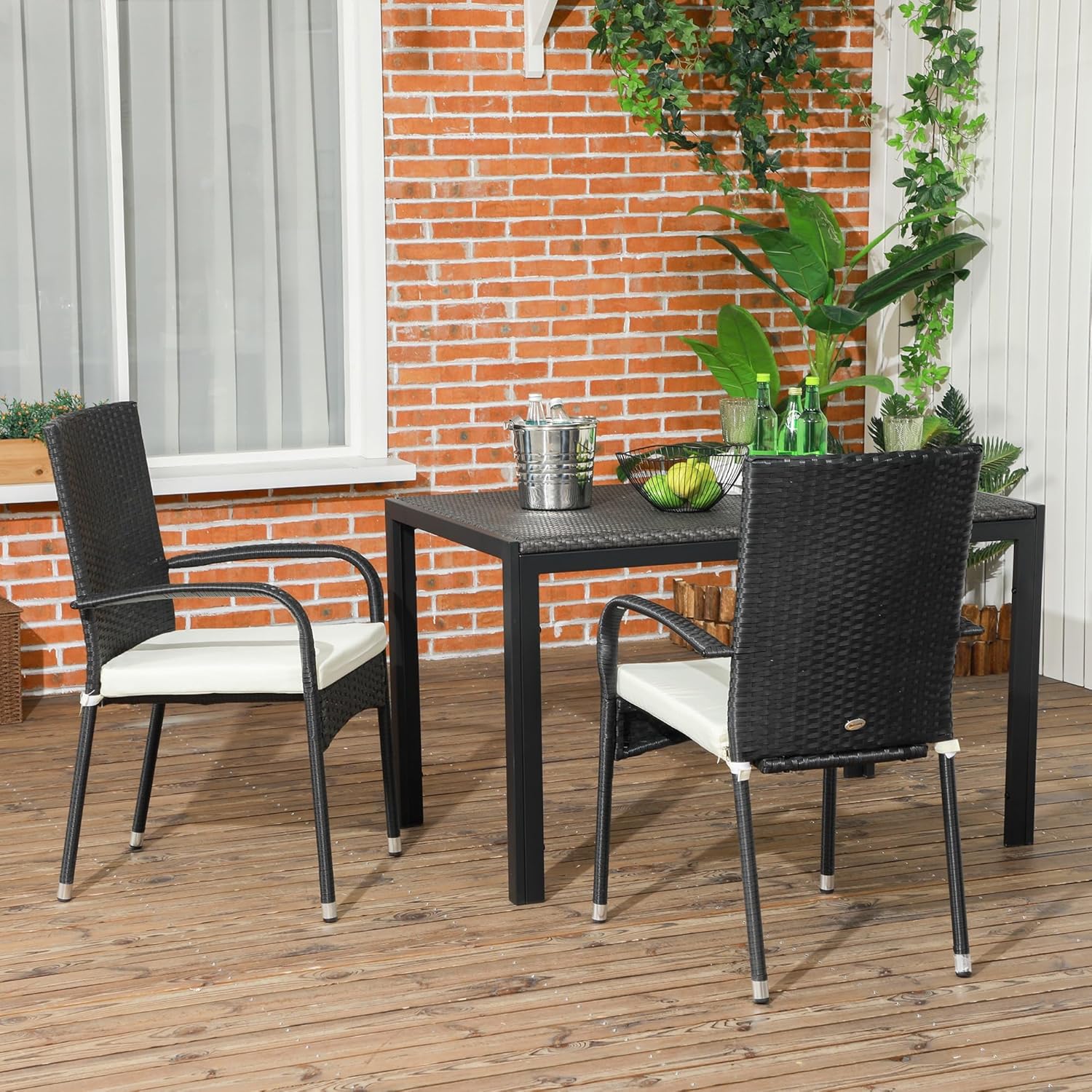 Outsunny Stackable PE Rattan Outdoor Dining Chairs with Cushions, Set of 2 Wicker Kitchen Chairs with Armrests and Backrest for Patio, Deck, Cream White