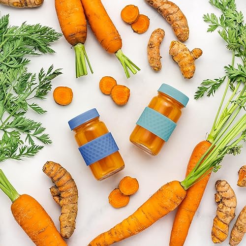 Miniatura 7 de Recipientes para chupitos de jugo, vidrio, transparentes, 2 onzas, tapas de colores y bandas de agarre de silicona, almacenamiento de bebidas,