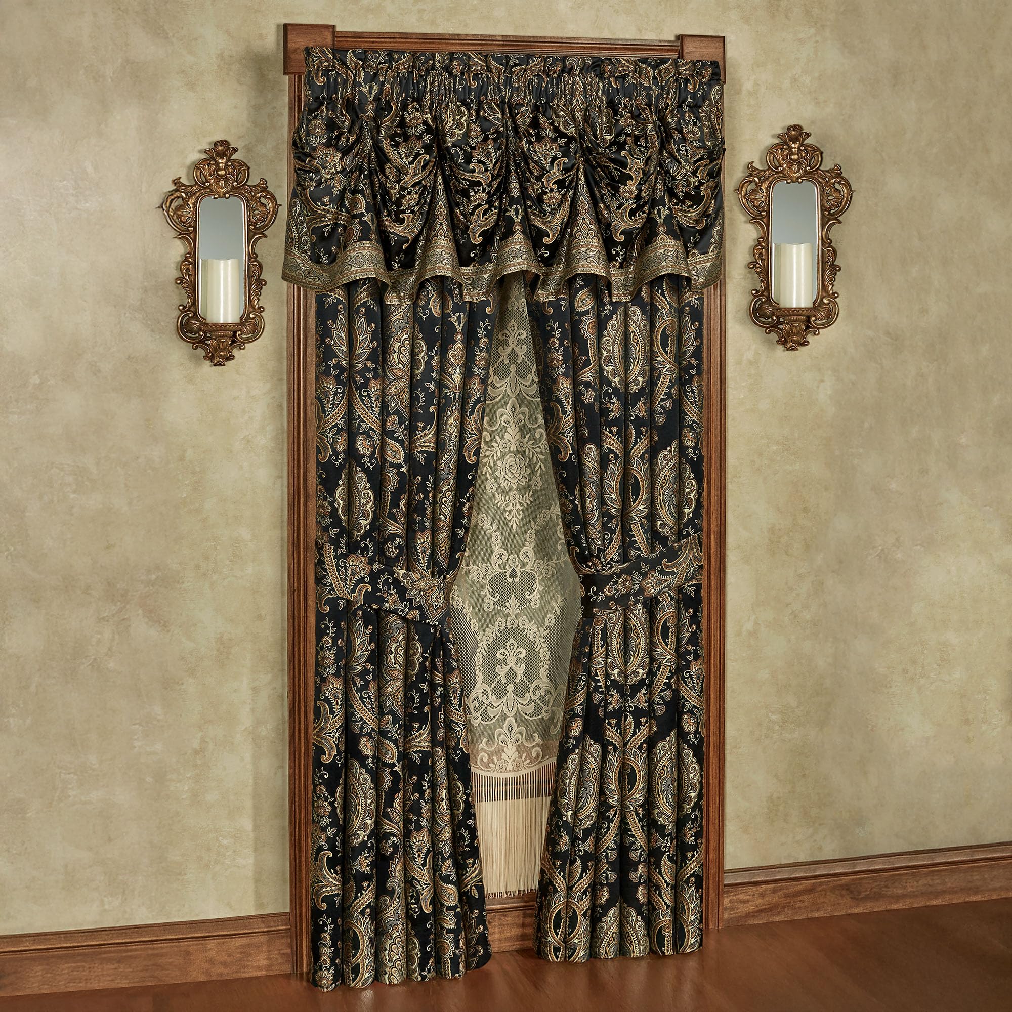 Bellevue Traditional Luxury Window Treatments | Elegant Tapestry-Style Woven Medallions and Florals | Neutral, Black, & Metallic Gold | Wide Window Drapery Set Includes Tuck Valance & 84L Curtain Pair