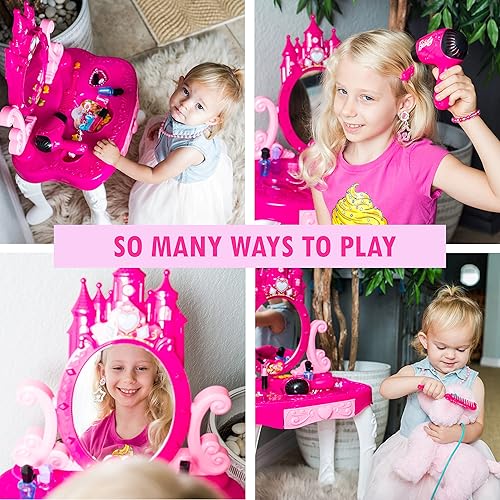 Miniatura 7 de Juego de tocador para niñas pequeñas con espejo y mesa de maquillaje para niños, juego de belleza con accesorios de moda y maquillaje