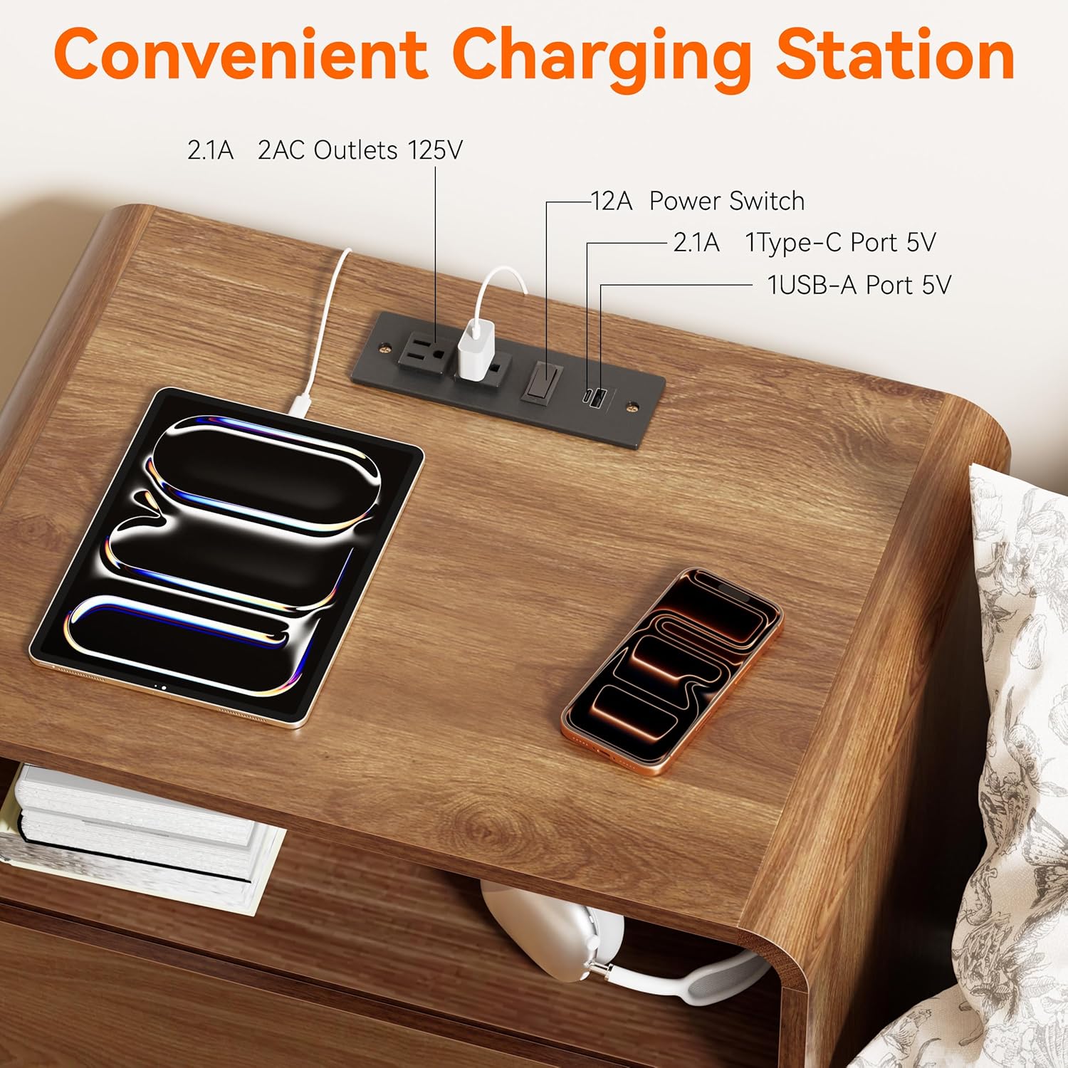 23.8" Modern Nightstand with Hidden Drawers Walnut Night Stand with Charger Station Mid Century Bedside Table Curved Wood Side Table for Bedroom Dorm - Image 6