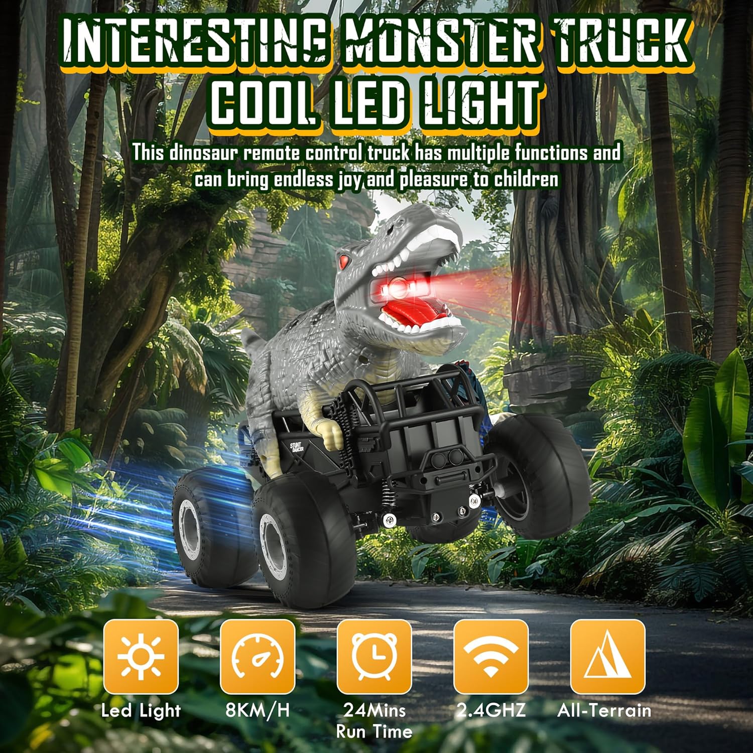 Remote Control Car, 2.4GHz 1:18 RC Cars with Light, 98FT 8KM/H 2-Rechargeable Battery, All Terrain Monster Remote Control Truck Toy, Christmas, Dinosaur Monster Trucks for Boy Age 4-7, Kid 6+