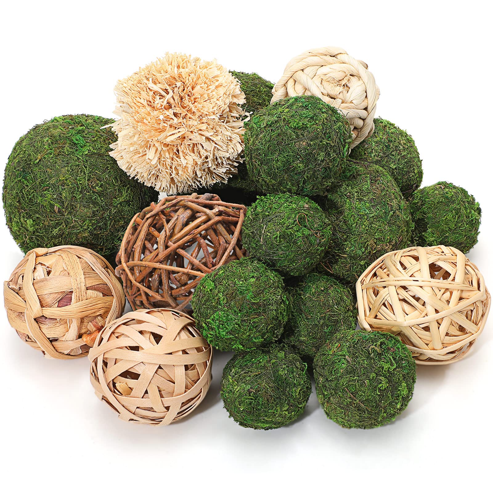 Jetec 18 Pcs Decorative Balls for Centerpiece Bowls 12 Green Moss Balls + 6 Wicker Rattan Cord Decorative Bowl Vase Fillers for Garden Vase Bowl Home Party Table Farmhouse Rustic Wedding Decor