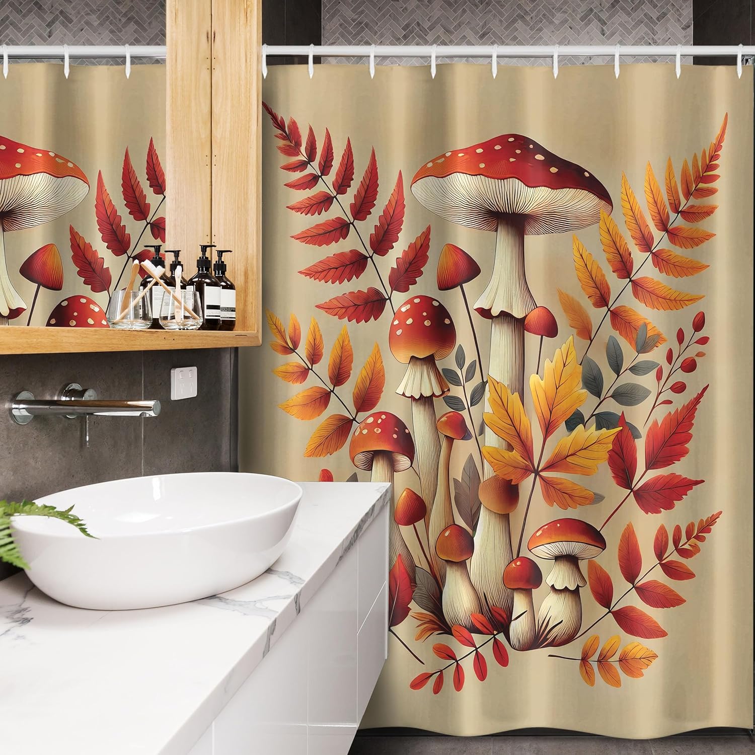 Ambesonne Fall Stall Shower Curtain, Mushrooms and Autumn Leaves on Dark Tan Background Warm Woodland Colors, Fabric Bathroom Decor Set with Hooks, 54" W x 78" L, Vermilion and Marigold
