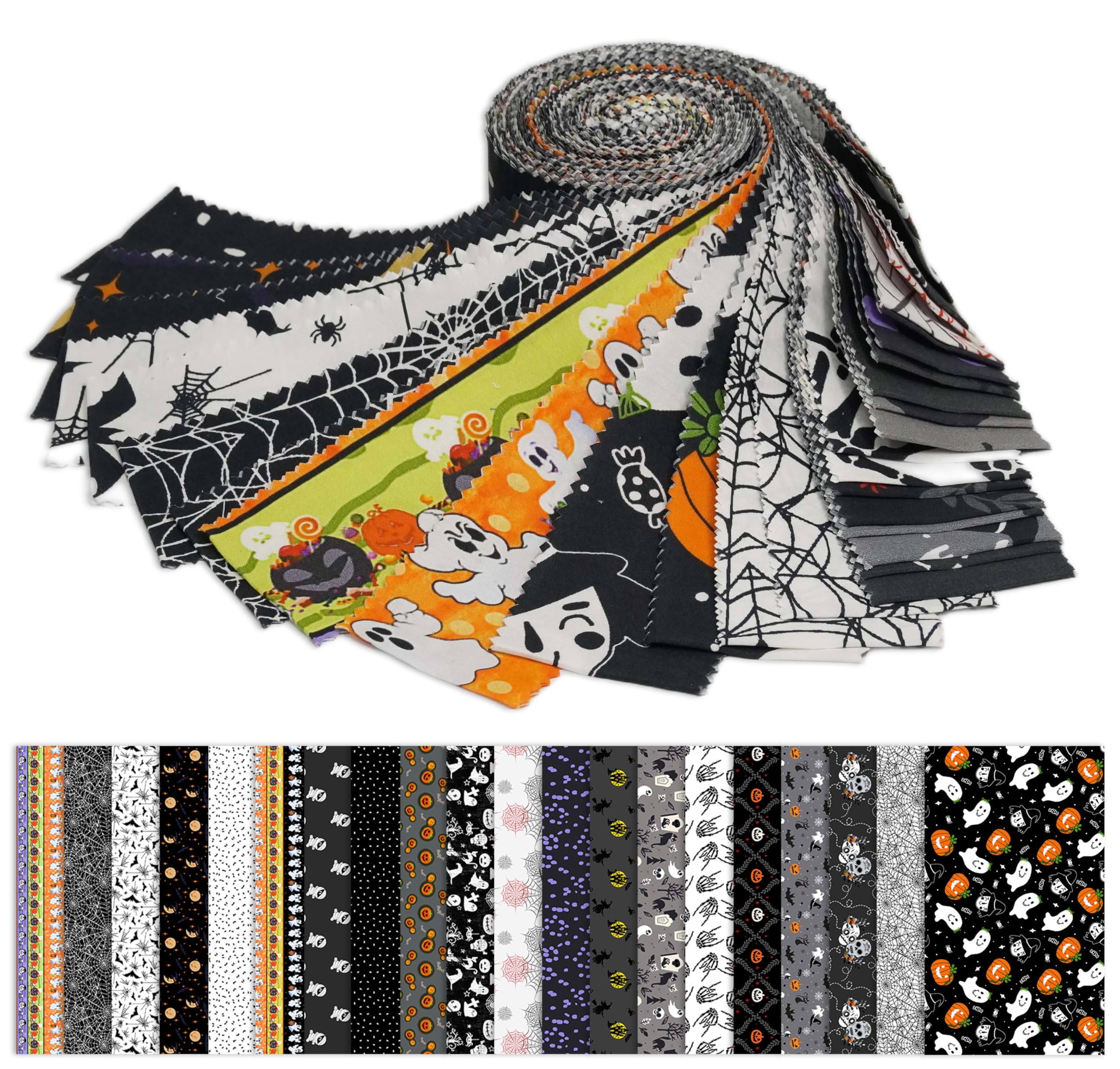 Soimoi 40Pcs Halloween Print Precut Fabrics Strips Roll Up 2.5x42inches Cotton Jelly Rolls for Quilting