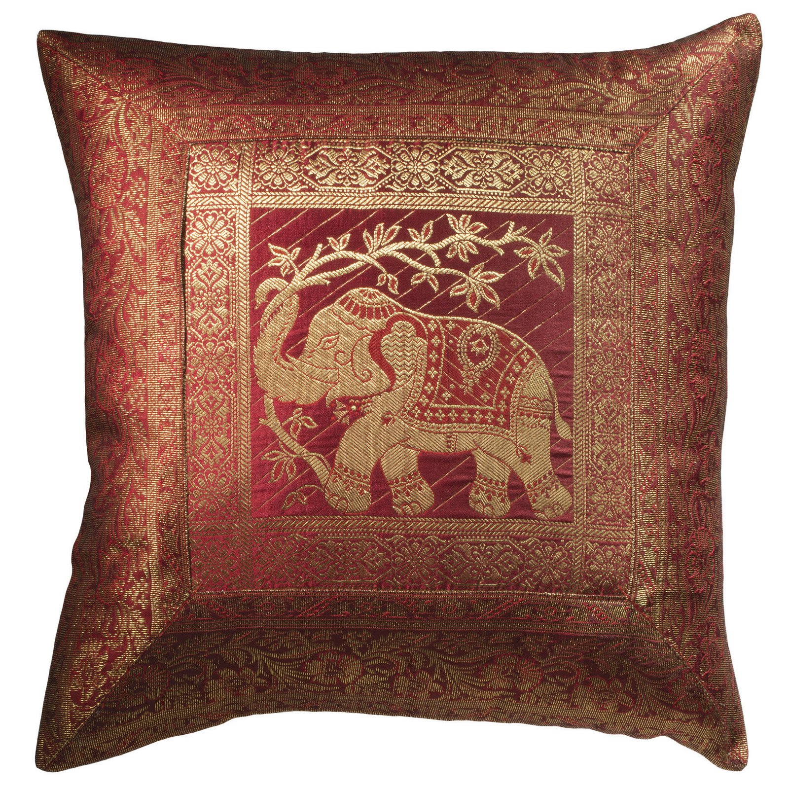Federa copricuscino ricamata in cotone indiano, con motivo in broccato con elefante, commercio equo e solidale, con strisce rosse, dimensioni: 60 x 60 cm, Red, 45 x 45cm