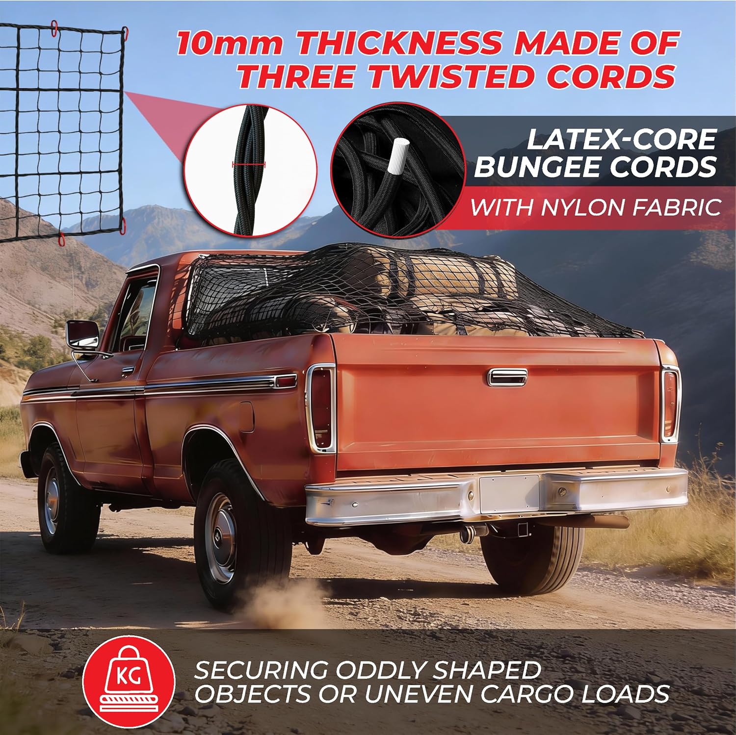 Heavy Duty Cargo Net for Pickup Truck Bed, 4x6 ft Stretches to 8x12 ft - 10mm Elastic Bungee Truck Bed Net with 12 Carabiners, Anti-Slip Gloves & Digital Guide for Trucks, SUV, Roof Rack - Image 3