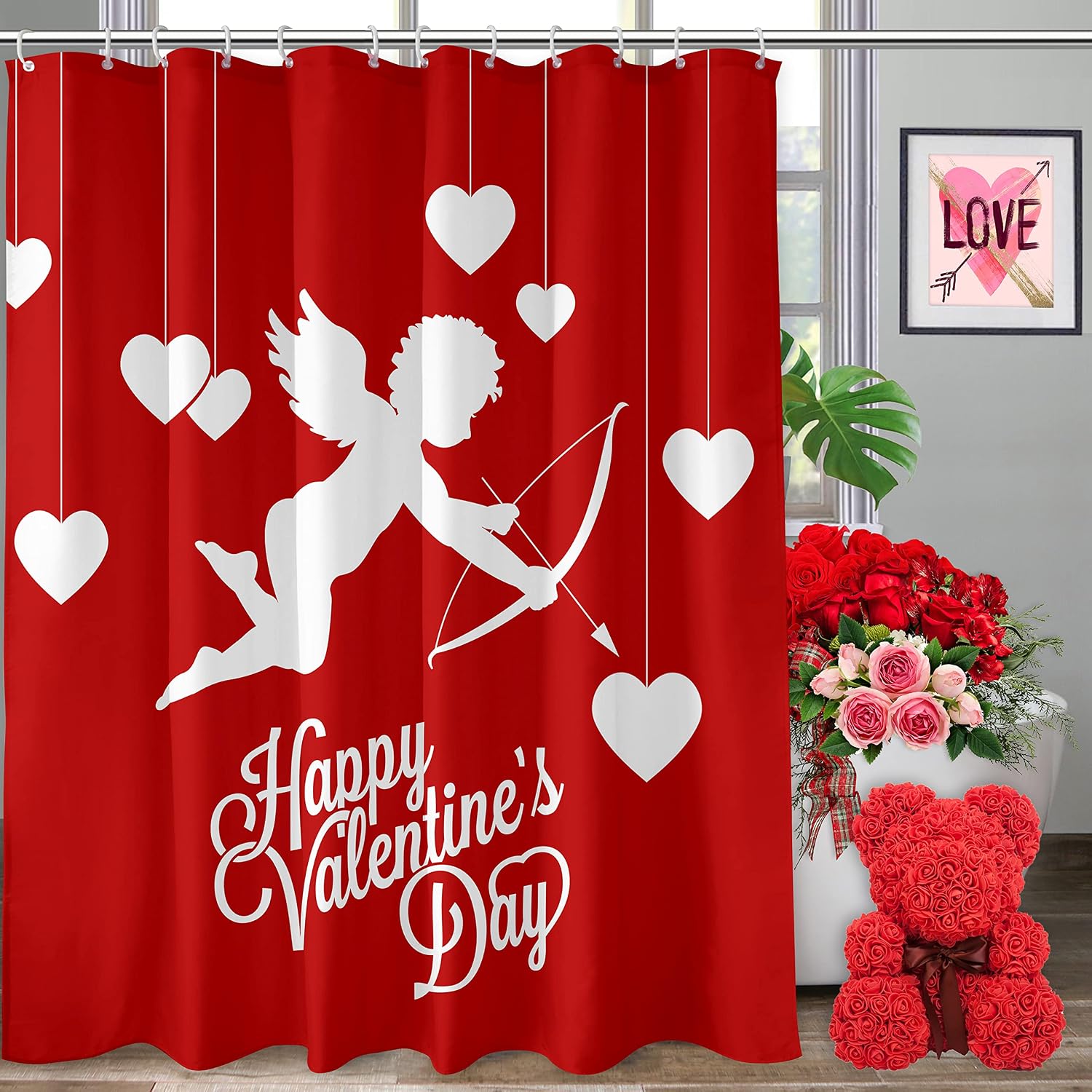 Happy Valentines Day Shower Curtain, Valentine Red Heart Cupid Shower Curtains for Bathroom, Valentines Romantic Home Decor Waterproof Fabric with Hooks 72x72 Inch