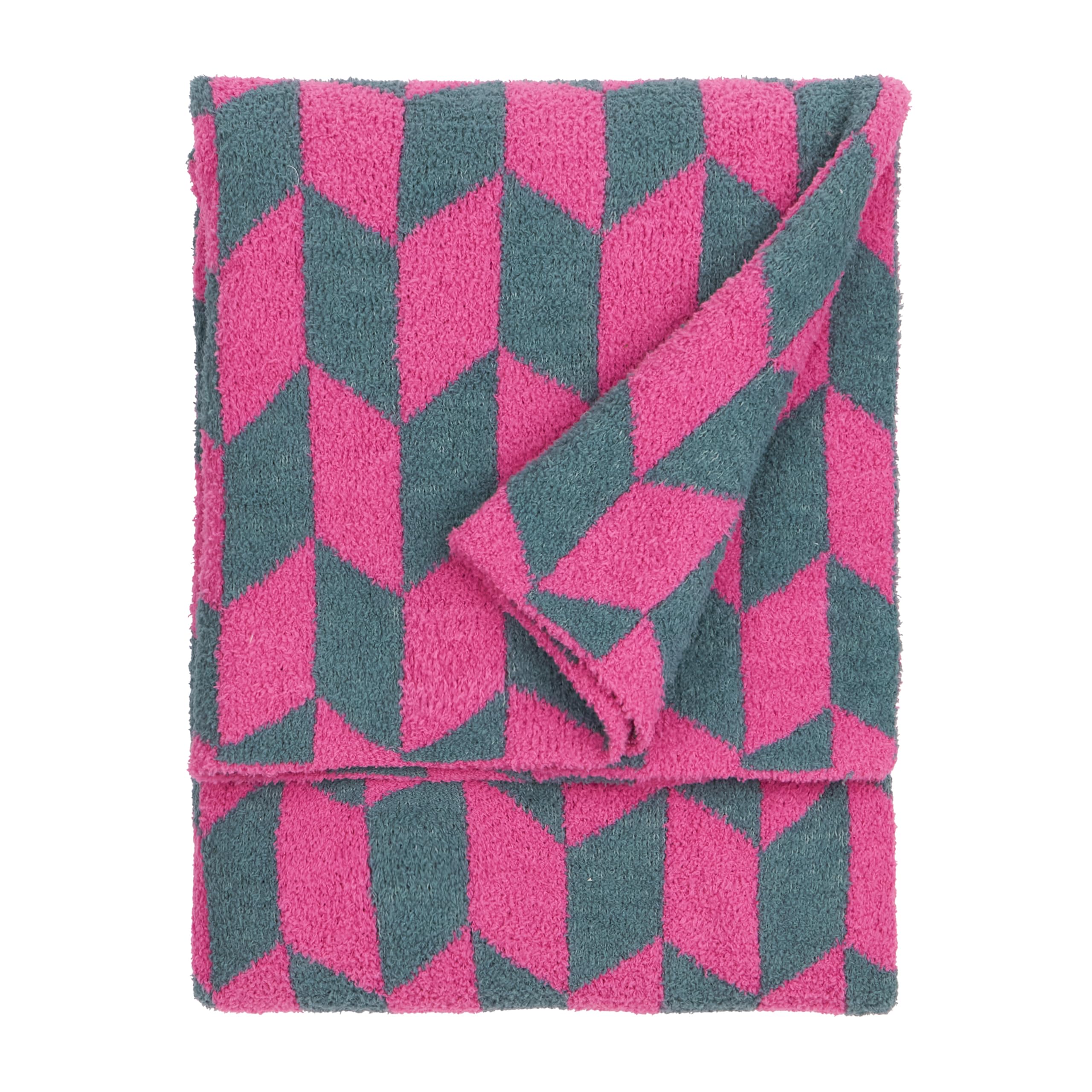 furn. Olsen Feather Yarn Throw – Soft Geometric Double Sided Blanket (Retro Pink – 130x180cm)