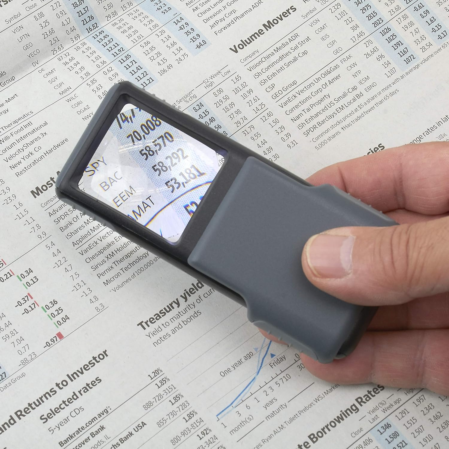 A hand holding the Carson MiniBrite magnifier over a newspaper, showing magnified text.