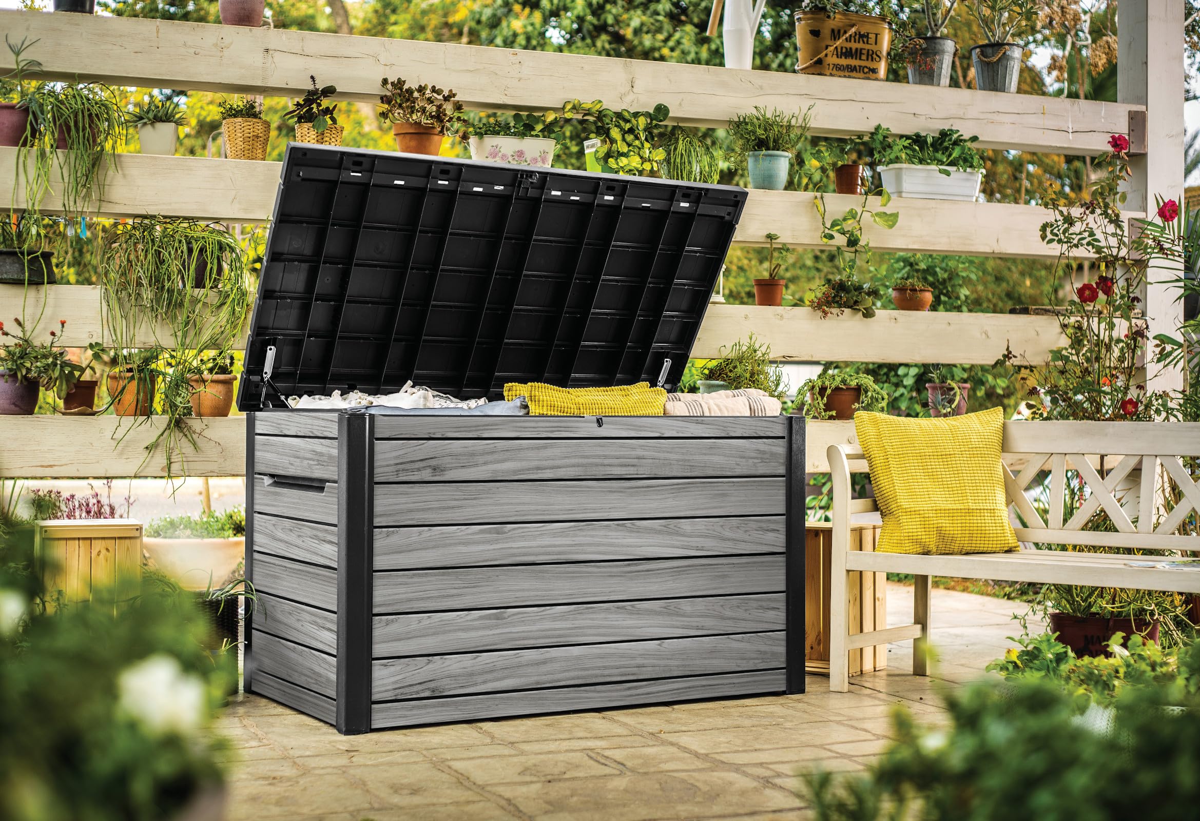 Keter Ontario Auflagenbox/Kissenbox 870 Liter | 100% Wasserdicht mit Belüftung dadurch kein übler Geruch/Schimmel Moderne Holzoptik | Deckel mit Gasdruckfedern