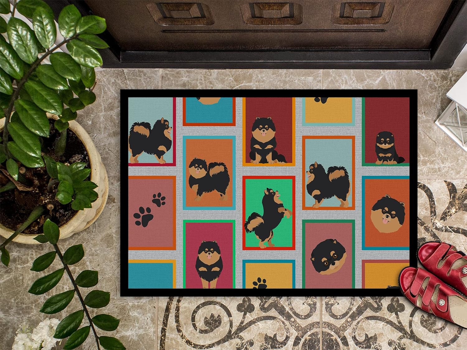 Caroline's Treasures MLM1126JMAT Lots of Black and Tan Pomeranian Doormat 24x36 Front Door Mat Indoor Outdoor Rugs for Entryway, Non Slip Washable Low Pile, 24H X 36W