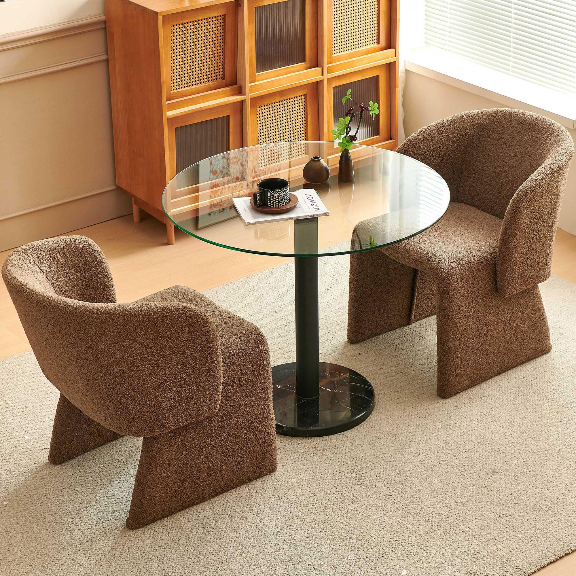 35 in Glass Dining Table Set for 2, Stylish Round Kitchen Dining Room Table Tulip and Upholstered Brown Dining Accent Chairs Comfy Living Room Table Set for Home, Restaurant