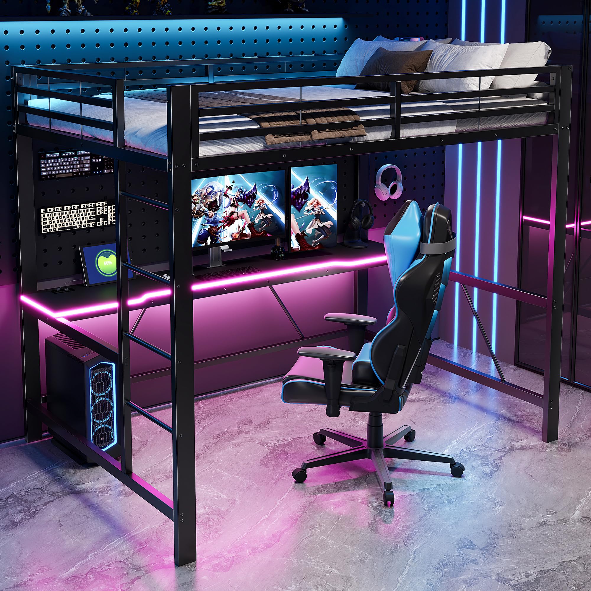 Letto a castello da gaming in metallo 140x200cm con striscia LED .Letto a soppalco con stazione di ricarica USB e scrivania,letto matrimoniale nero(Senza Materasso)