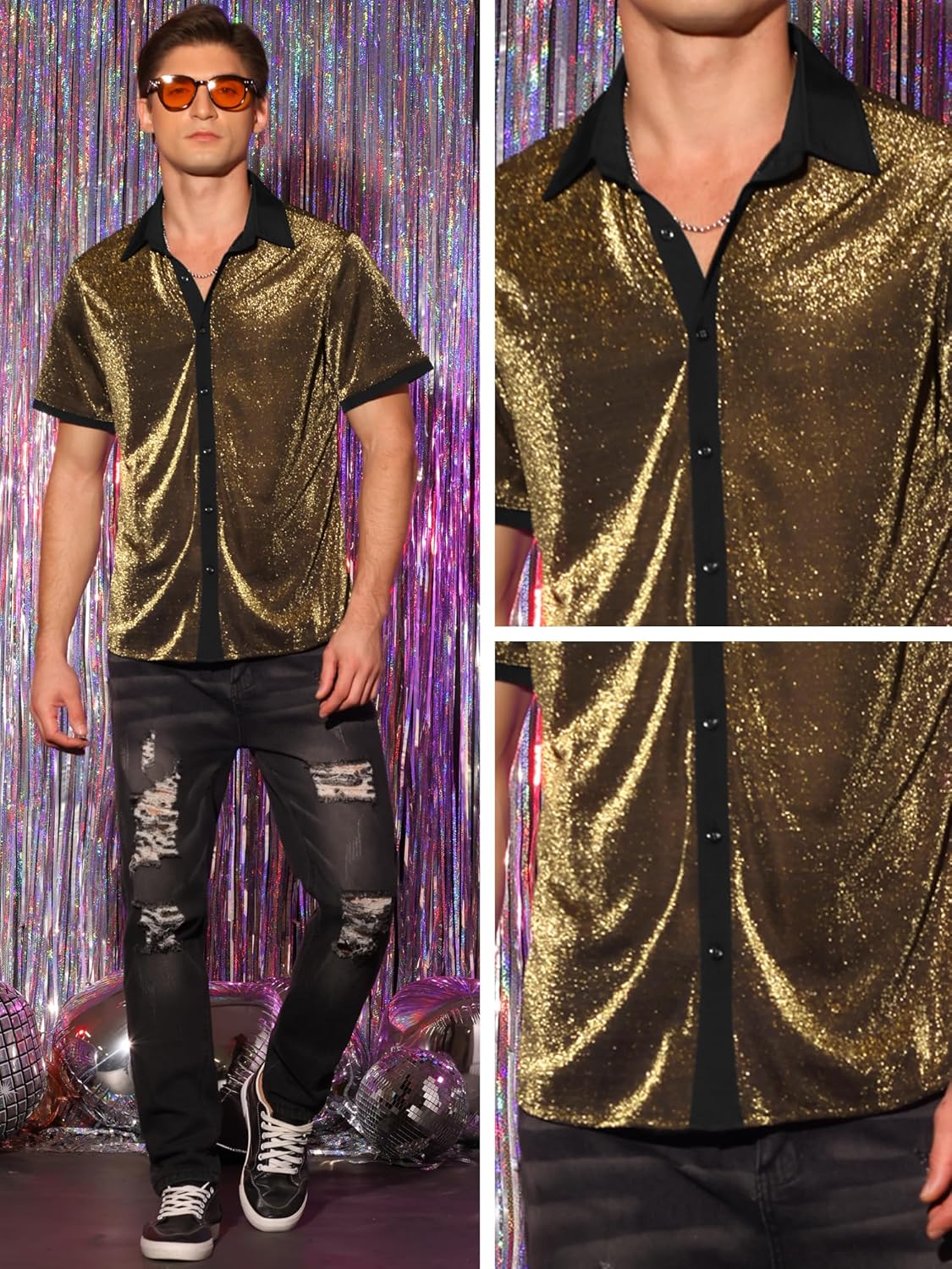 Lars Amadeus Metallic Shirts for Men's See Through Short Sleeves Disco Shiny Sheer Shirts