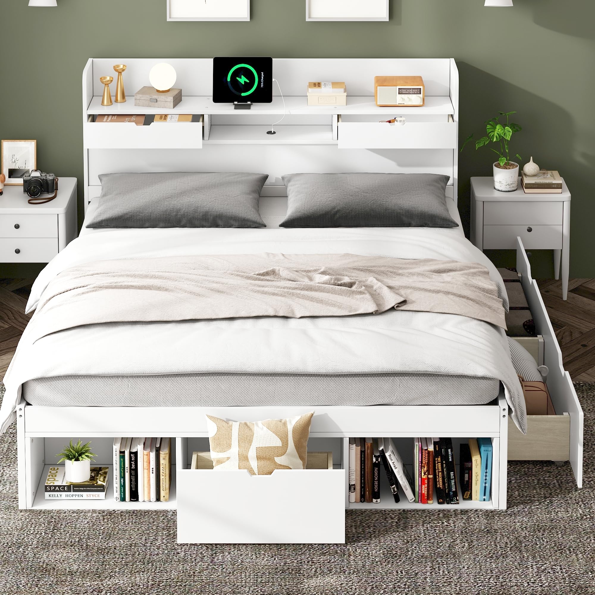Rtopsu Rtopu Letto Matrimoniale in Legno 140x200 cm con Testiera USB, Letto con 3 Cassetti Contenitore e Portaoggetti, Struttura del Letto con Rete e Doghe, Bianco, Senza Materasso