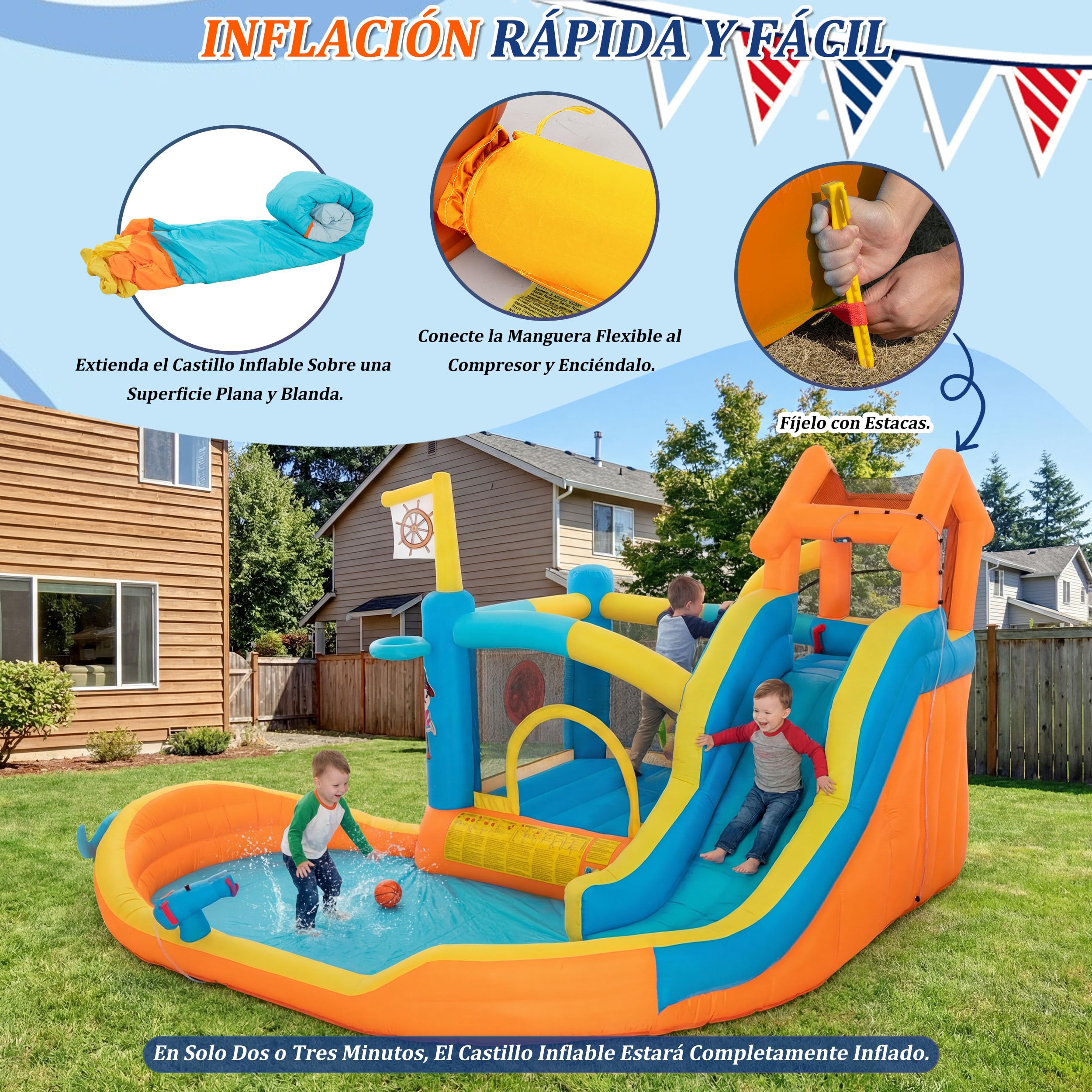 UEV Parque Hinchable 8 en 1 para Niños con Ventilador, 414 x 364 x 244 cm | Parque Infantil Temático Náutico con Tobogán y Pistola de Agua, Castillo Hinchable Interior y Exterior para Niños 3-10 Años