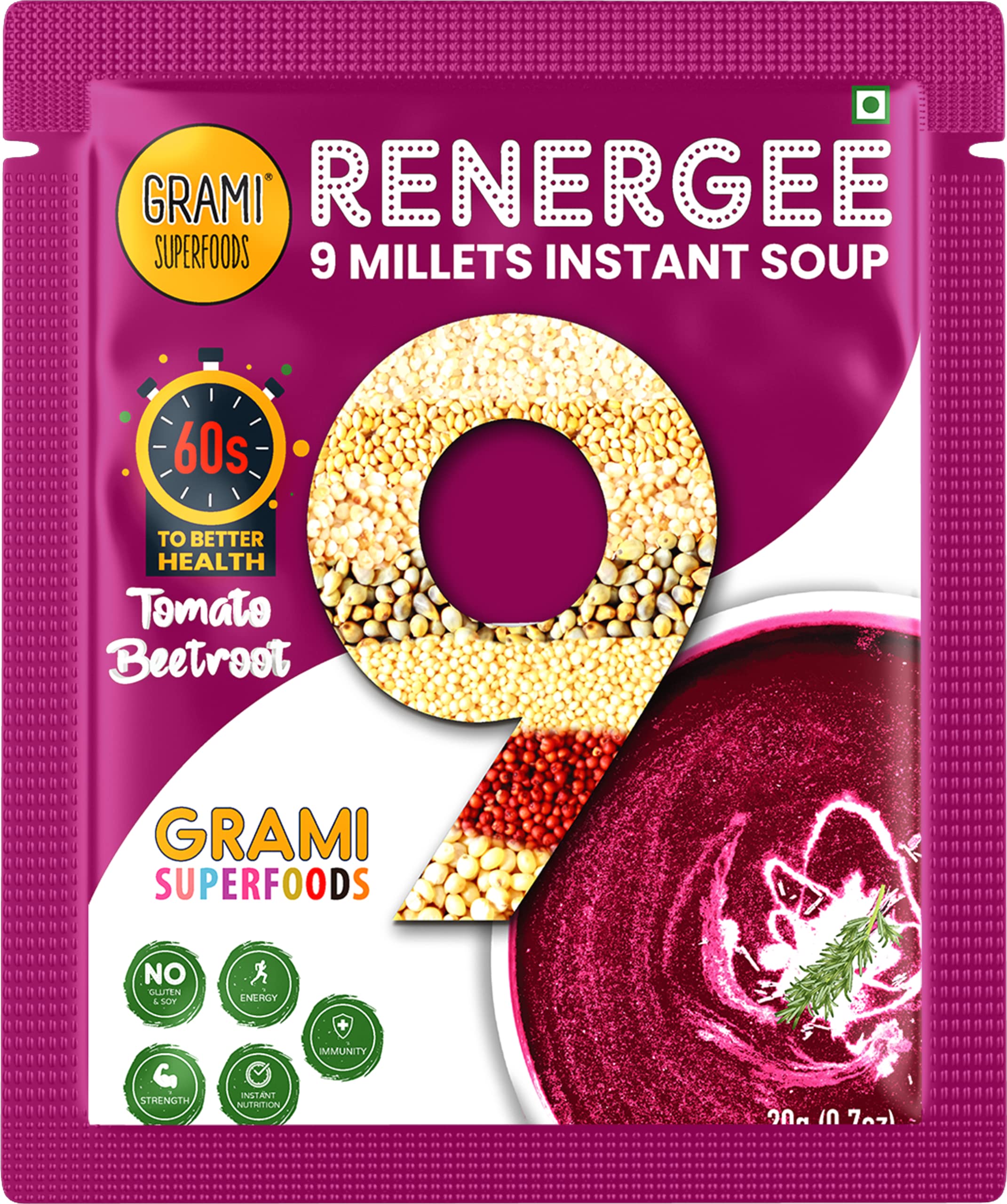 Grami Superfoods Renergee 9 Millets Instant Assorted Soup β Each Pack Contains Hot & Sour, Tomato, Lemon, Spinach, Beetroot, and Pumpkin | Gluten-Free | Healthy Instant Millet Soup Powder | Perfect for Kids and Adults | No Corn Starch | No Preservative | No MSG | Low GI | Nutrient-Rich | High Fiber | Instant Energy Booster | Weight Loss Management | Diabetic Friendly | Vegetable Soup - Pack of 12( 240g ) 2
