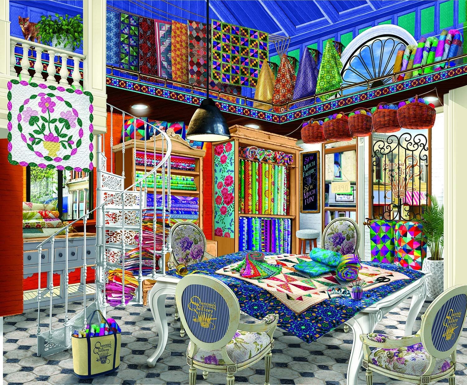 SUNSOUT INC - Queenie's Quiltery - 1000 pc Jigsaw Puzzle by Artist: Bigelow Illustrations - Finished Size 23" x 28" - MPN# 31550