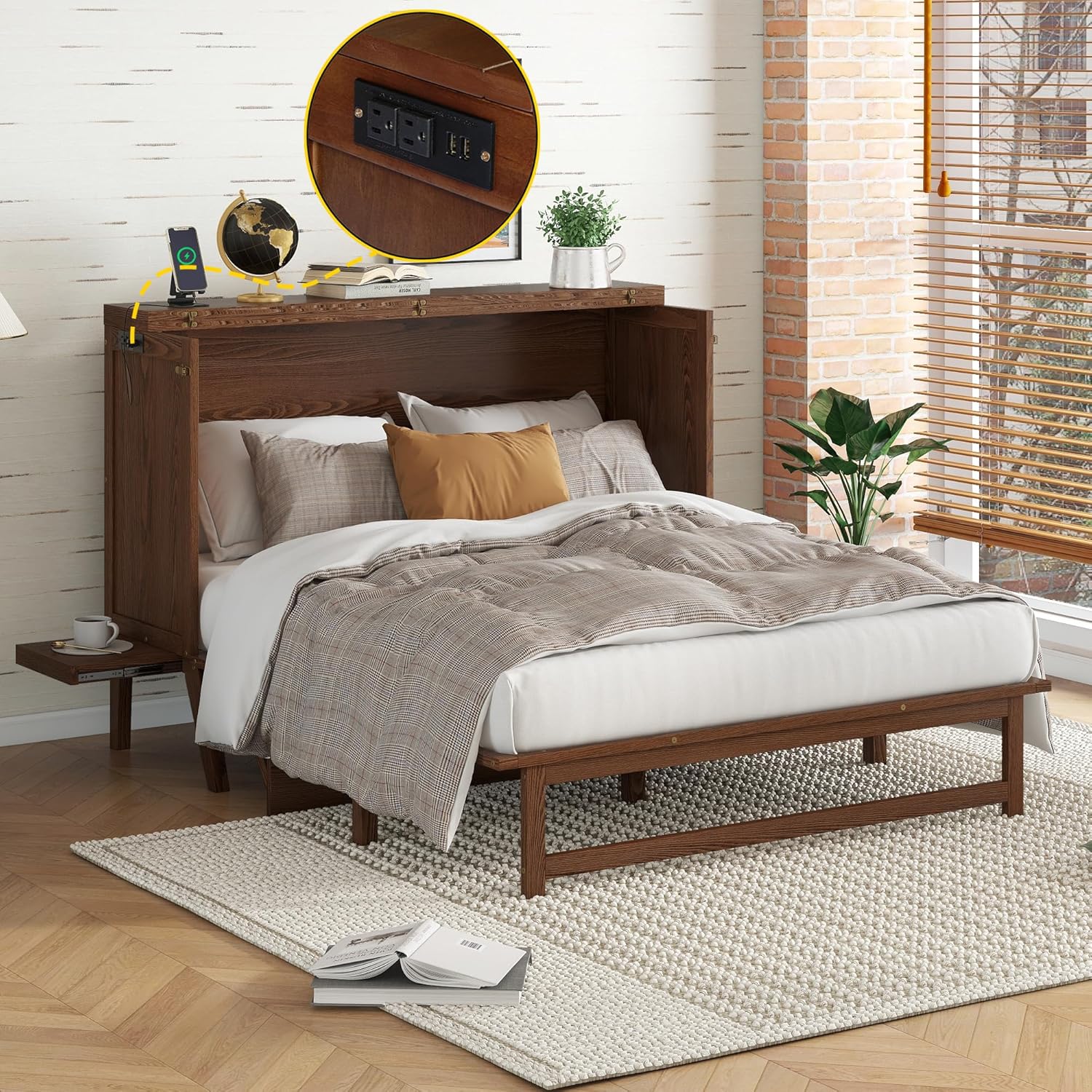 Queen Size Murphy Cabinet Bed with Desk and USB-Port,Foldable Murphy Chest Dresser Bed with Removable Shelves on Each Side for Guest Room,Small Space-Walnut Queen Walnut