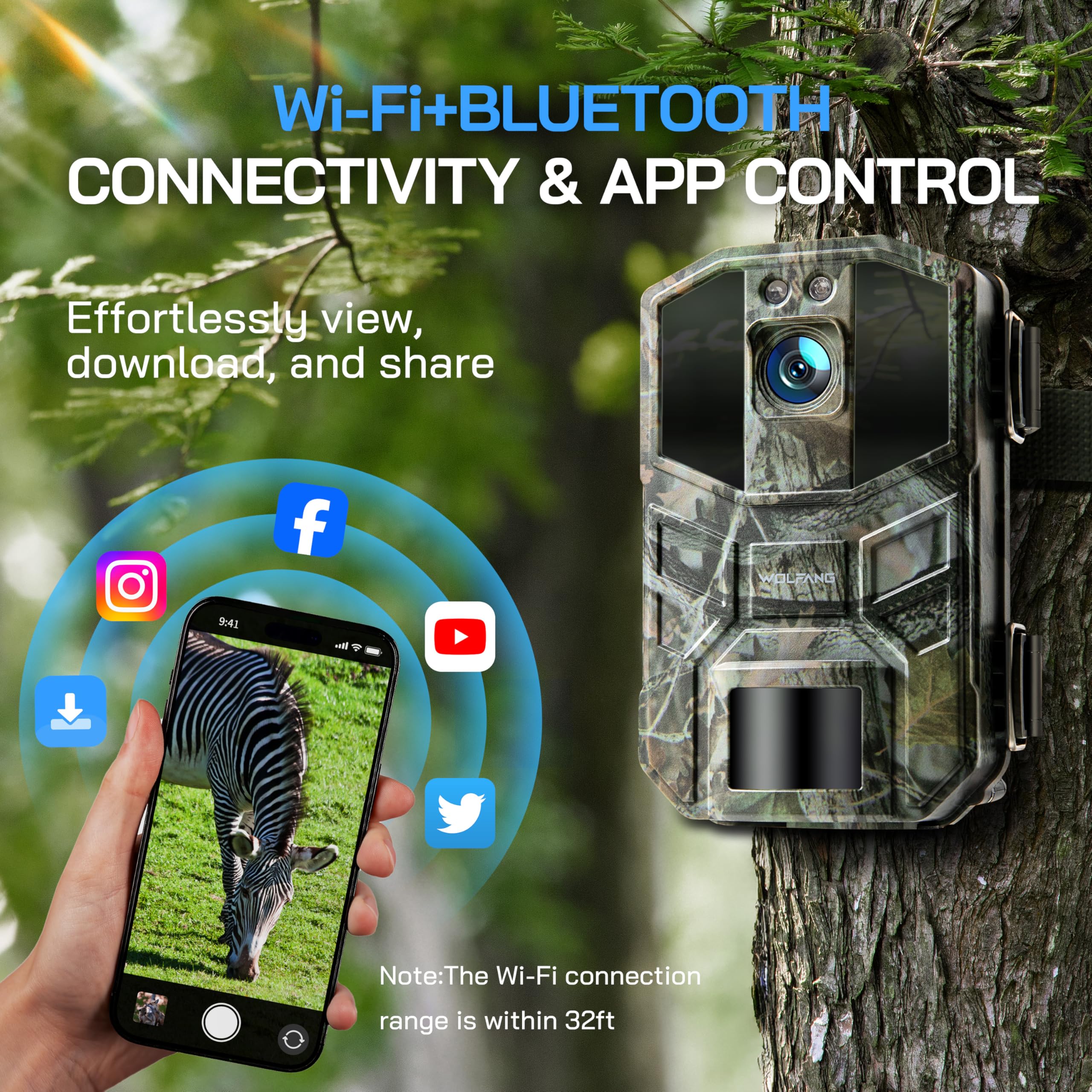 WOLFANG Kamera przyrodnicza 64 MP 4K HD, kamera szlakowa WiFi Bluetooth, kamera myśliwska z noktowizorem aktywowanym ruchem, wodoodporność IP66, czas wyzwalania 0,1 s do nagrywania dzikiej przyrody
