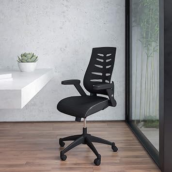 EMMA + OLIVER High Back Designer Black Mesh Executive Swivel Ergonomic Office Chair with Height Adjustable Flip-Up Arms