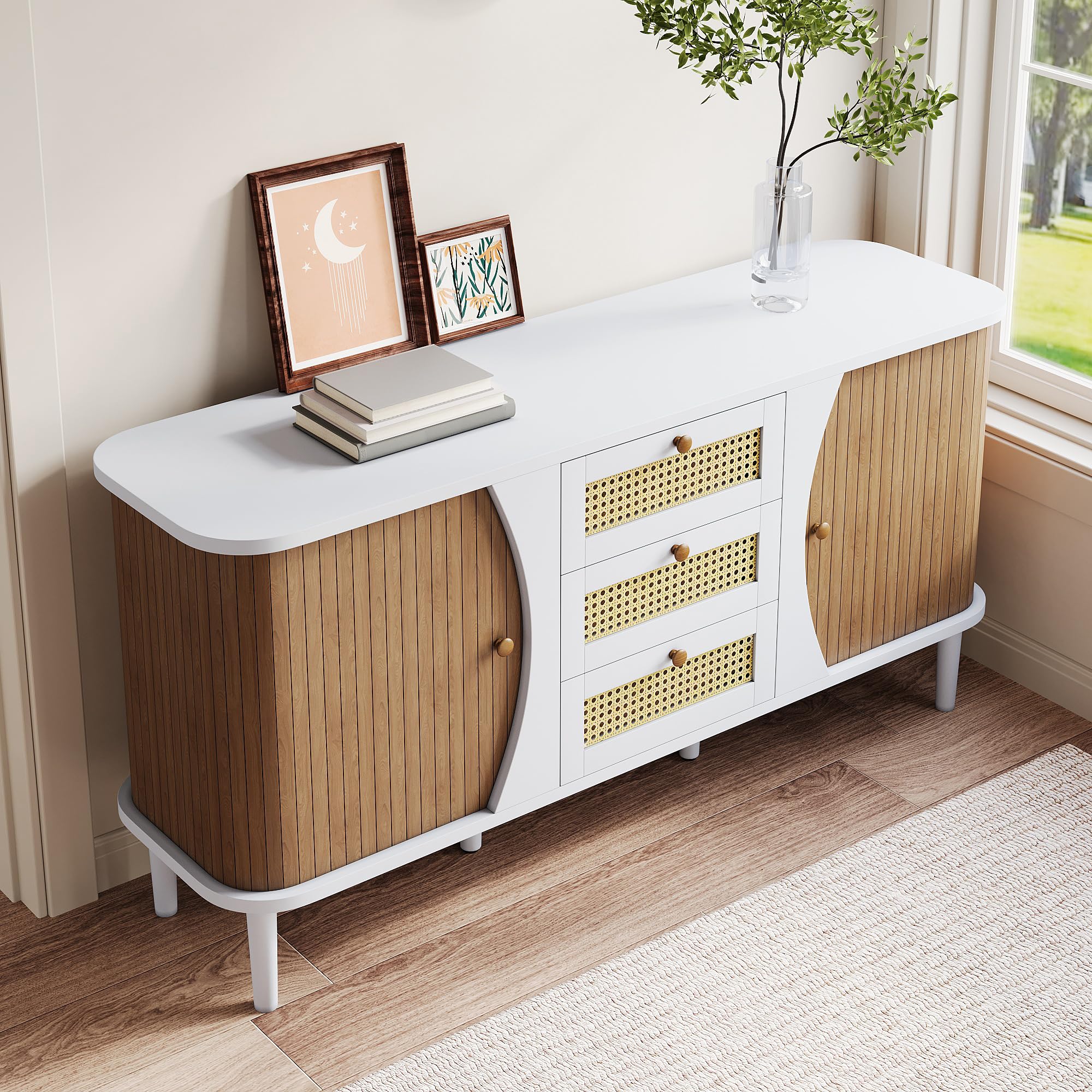 Cassettiera in rattan bianco, stile boho, 140,5 cm, con cassetti in rattan, design arrotondato, per soggiorno, sala da pranzo, corridoio