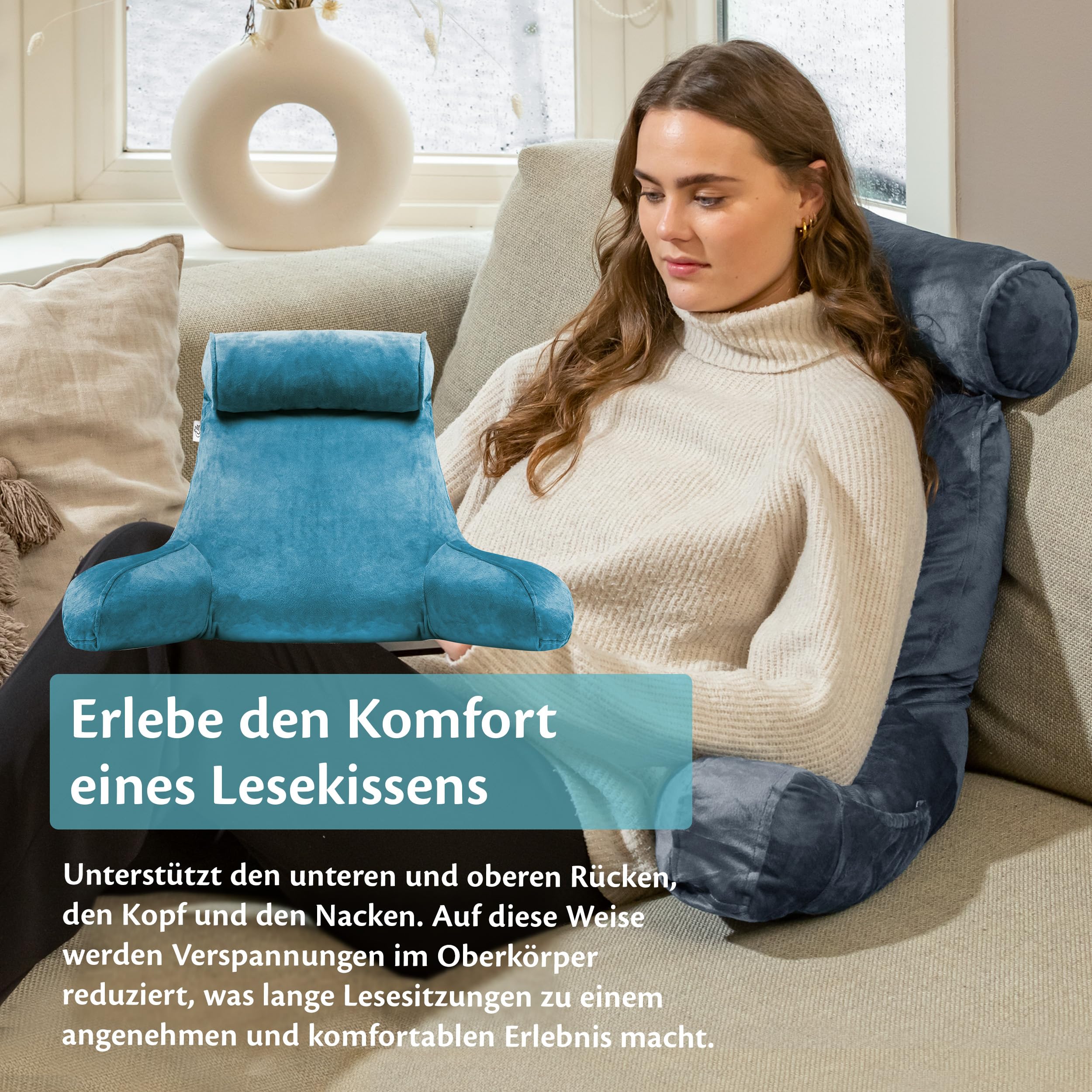 Ella Lesekissen für Bett und Sofa mit Abnehmbarer Nackenrolle - Rückenkissen Bett - Reading Pillow aus Memory Foam mit Armlehne, Ideal zum Lesen, Fernsehen, Faulenzen oder als Rückenstütze - Blau
