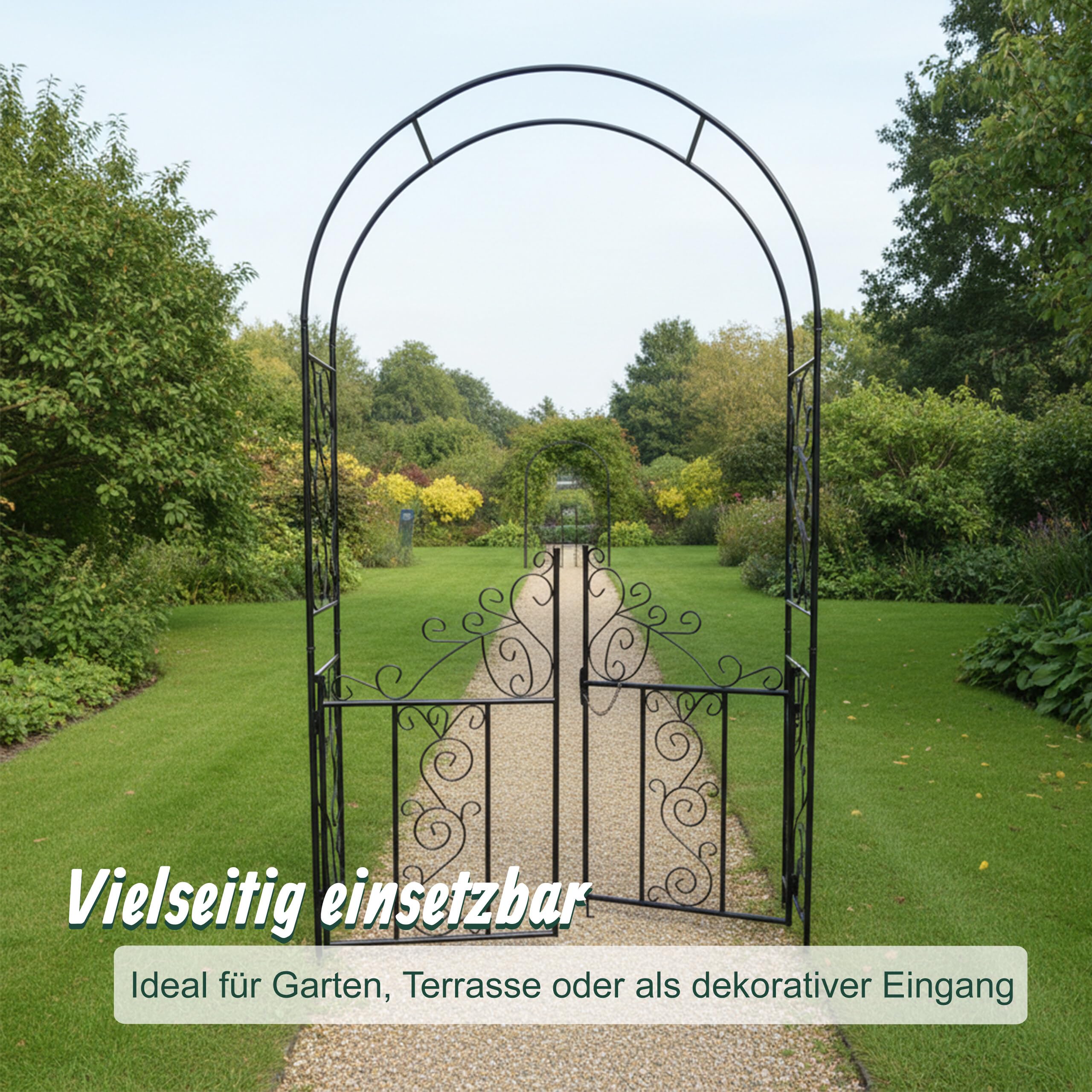 Relaxdays Rosenbogen mit Tor, Ranken Ornamente, Vorgarten & Garten, schwarz