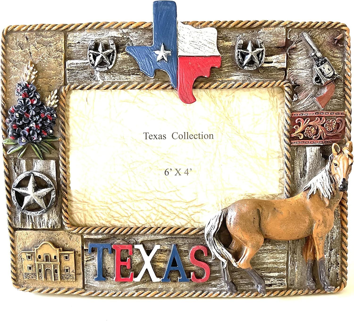 Sureg Texas Photo Frame (Texas Map & Horse Design, 8 x 6.5 inches, Brown, Rustic, Poly Resin)