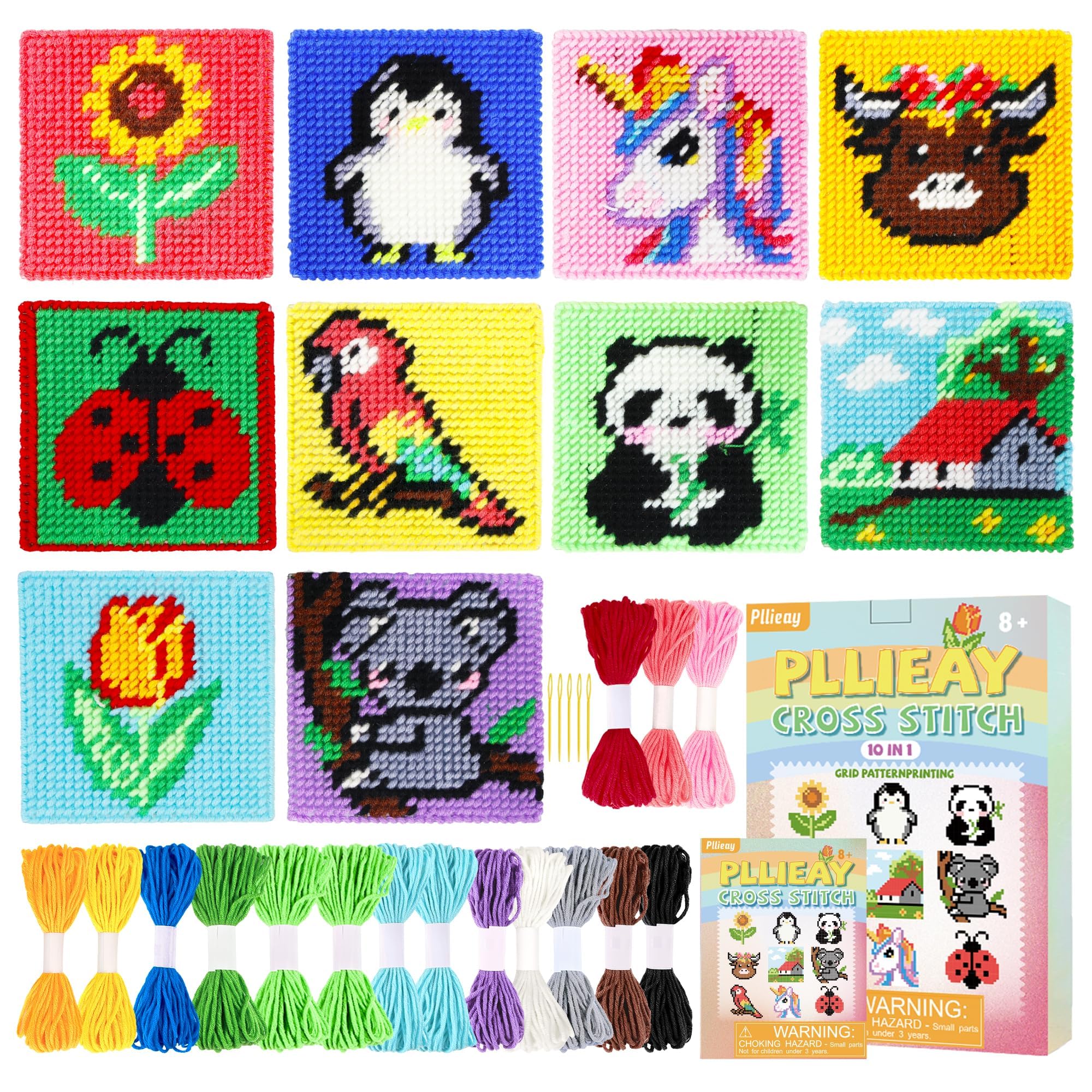 Pllieay 10-in-1 Cross Stitch Kit for Beginners, Easy Needlepoint Kit for Kids, Includes 10 Pre-Printed Pattern Plastic Canvases, 16 Color Yarns, Needles, Instructions for Needlepoint Sewing Crafts