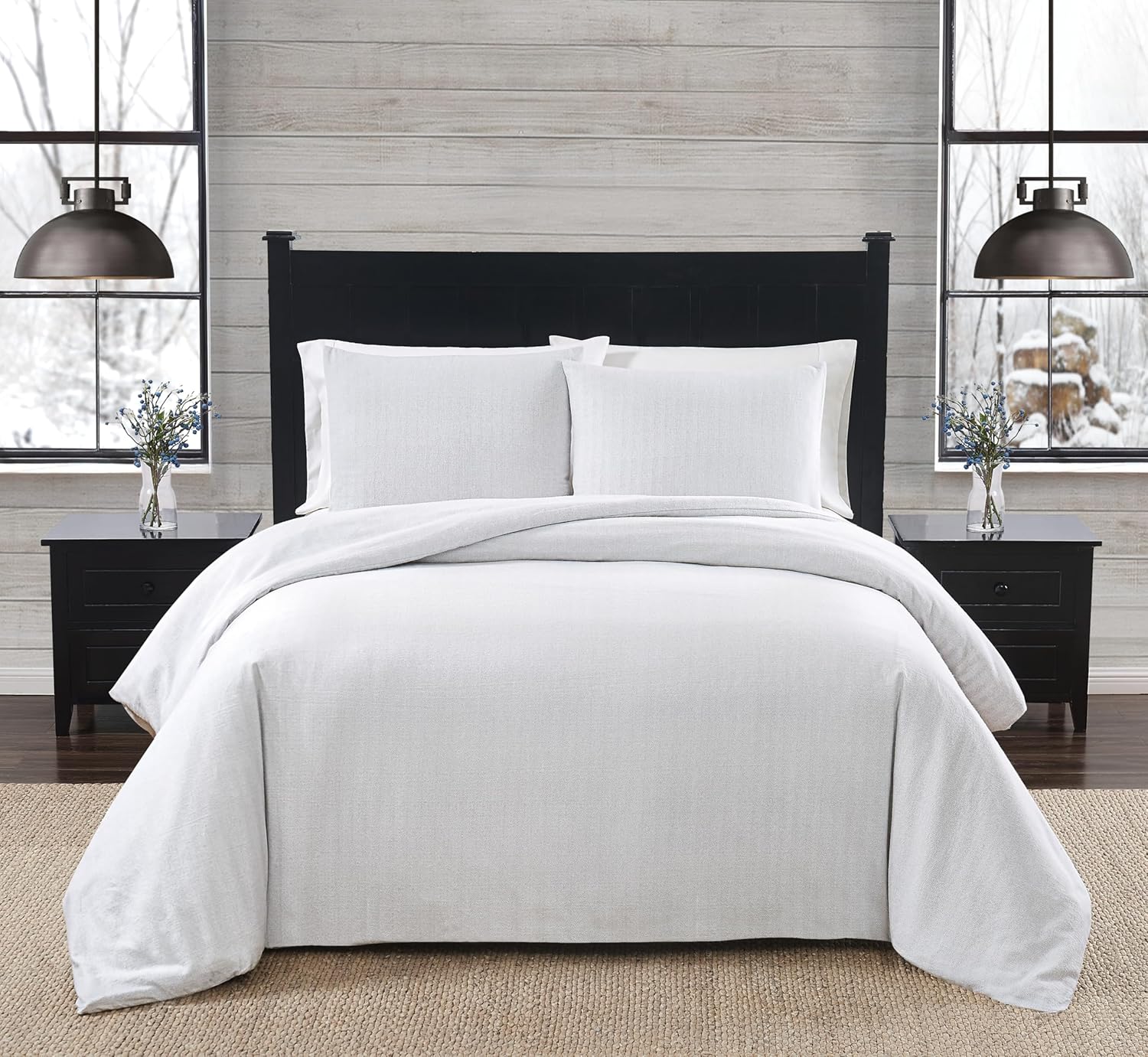 London Fog Herringbone Flannel White and Grey Cotton 2-Piece Twin/Twin XL Duvet Set, Herringbone Themed, for Men and Women, OEKO-TEX Certified Confidence